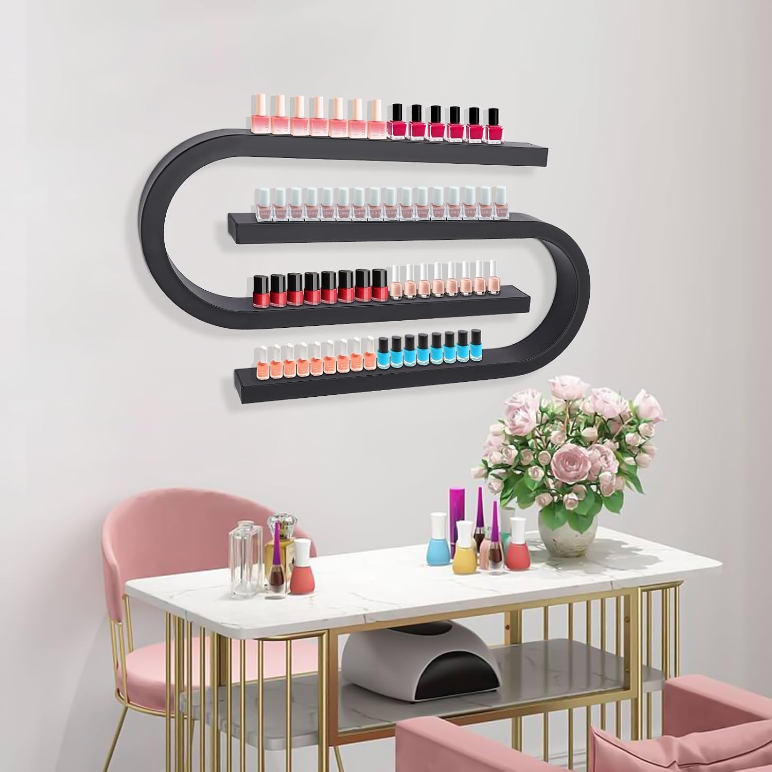 Wall Mounted Shelf Nail Polish Bottle Display Rack, U-Shaped Essential Oil Perfume Storage Rack, Multifunctional Hanging Salon/Beauty/Nail Shop Organizer Perfume Holder(2-Piece Set, Black)