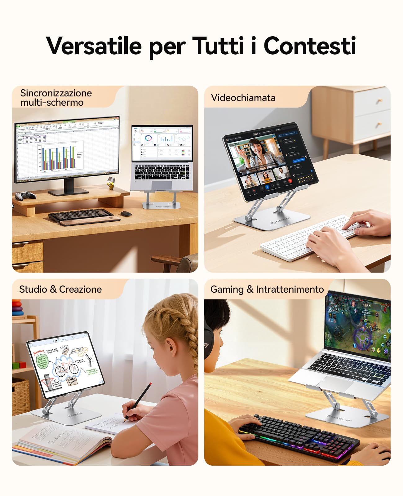 ORICO Supporto PC Portatile, Laptop Stand Ergonomico e Ventilato, Altezza Regolabile e Design Pieghevole, Supporto Laptop Scrivania per MacBook Air, Pro e Notebook da 10"-17" - ST11, Argento