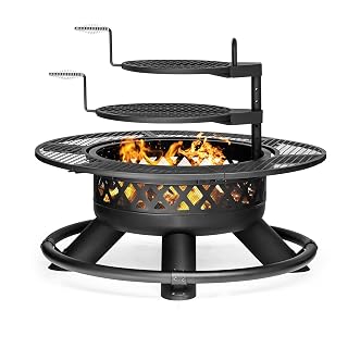 47 Inch Outdoor Wood Burning Fire Pit with 2 Grills,Extra Large 3-in-1 Fire Pit with Metal Lid & Fire Poker, Heavy Duty BBQ Firepits for Outside, Backyard, Bonfire, Patio & Party (47'' Black) - Amazon product rated Grade A