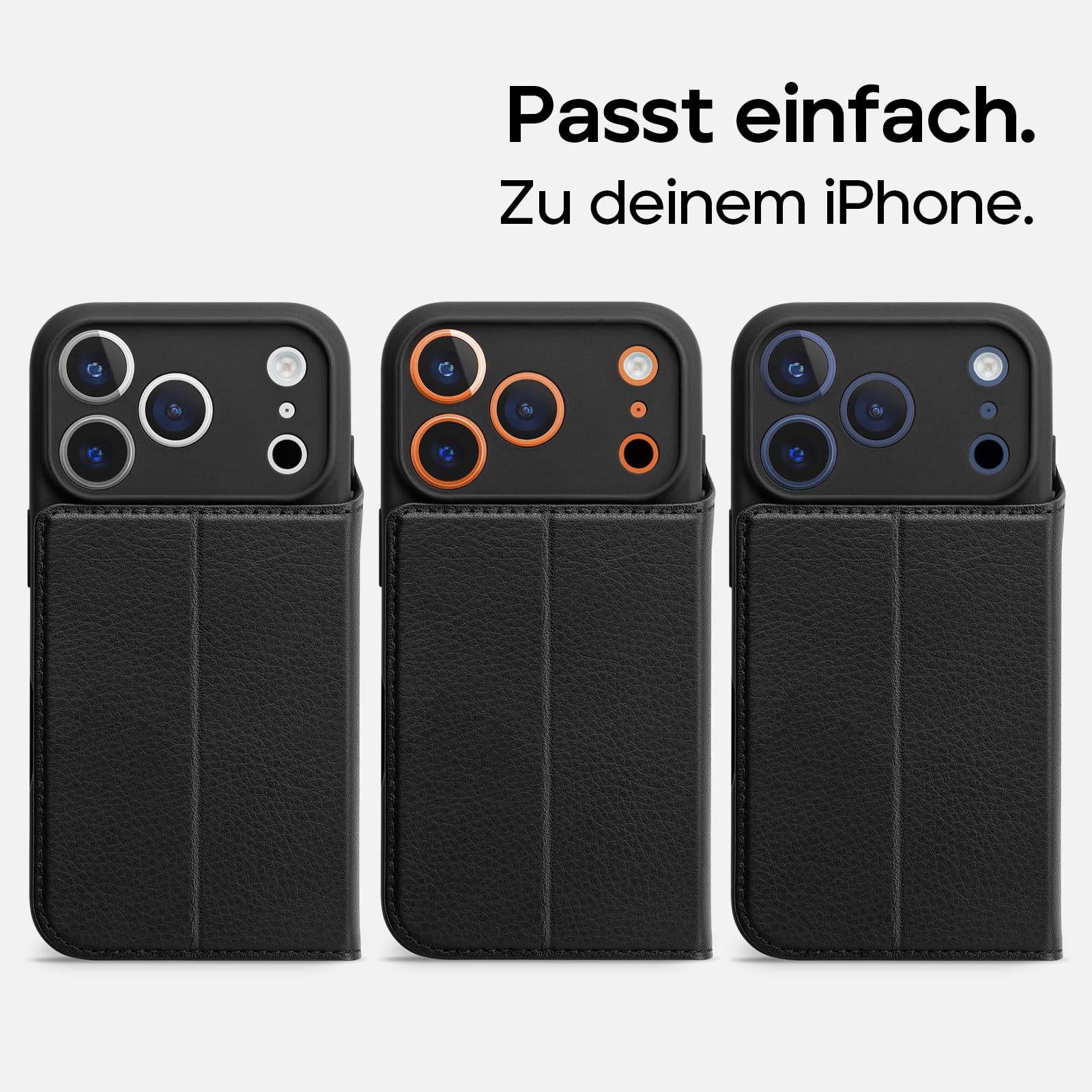 WIIUKA Hülle für iPhone 17 Pro, Leder aus Deutschland, mit Kartenfach, extra Dünn, Handyhülle mit Standfunktion, Tasche, Klapphülle, suiit, Teil, Schwarz