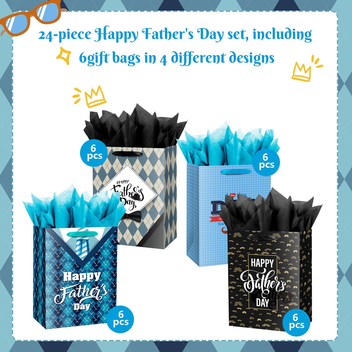 Ranfashiong 24 Pack Fathers Day Gift Bags Bulk with Tissue Paper and Handle Kraft Paper Tote Goodie Candy Package for Best Dad Grandpa Grandfather Men Party Supplies