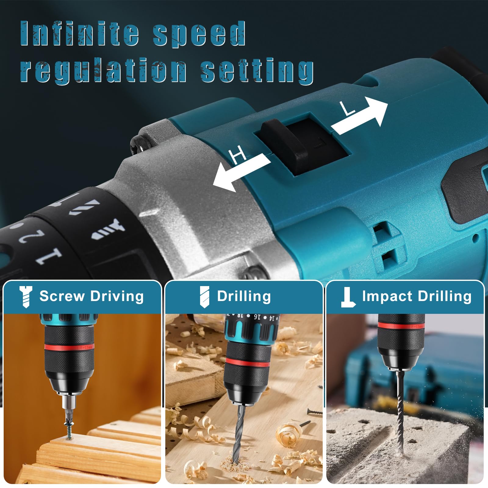 Taladro inalámbrico Compatible con Makita 18 V batería (sin batería), taladro de impacto sin escobillas 1350 RPM, 20+3, 120 N.m, 13 mm, destornillador