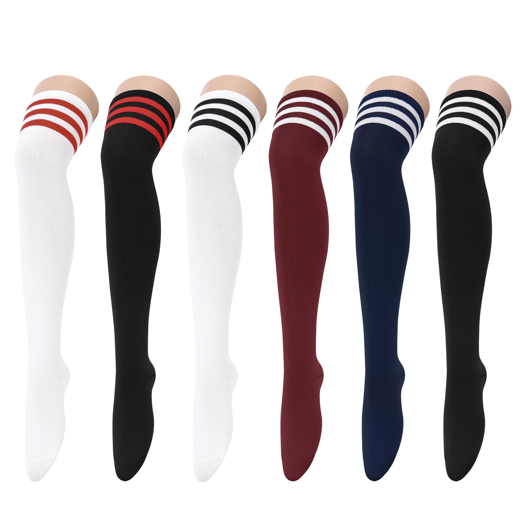 Zando Women's 6-Pack Cotton Thigh High Over Knee Socks - Striped Boot Socks & Leg Warmers for Daily, Sports, Cosplay: One Size D Colored Stripes*6