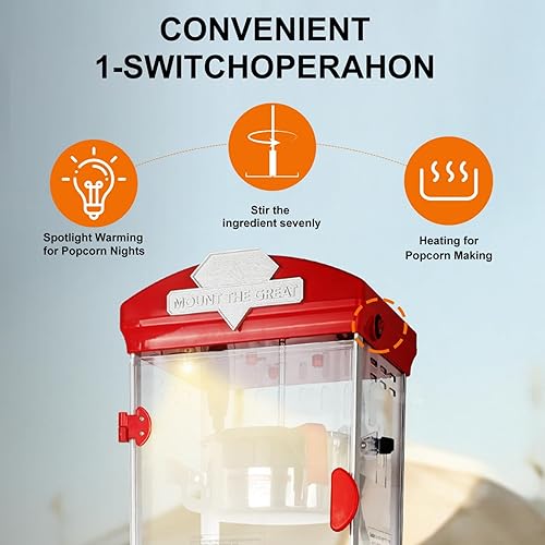 Miniatura 3 de Máquina de palomitas de maíz de 10 onzas con carrito, ruedas y hervidor de acero inoxidable, 110 V/480 W, estilo vintage, máquina para hacer Rojo