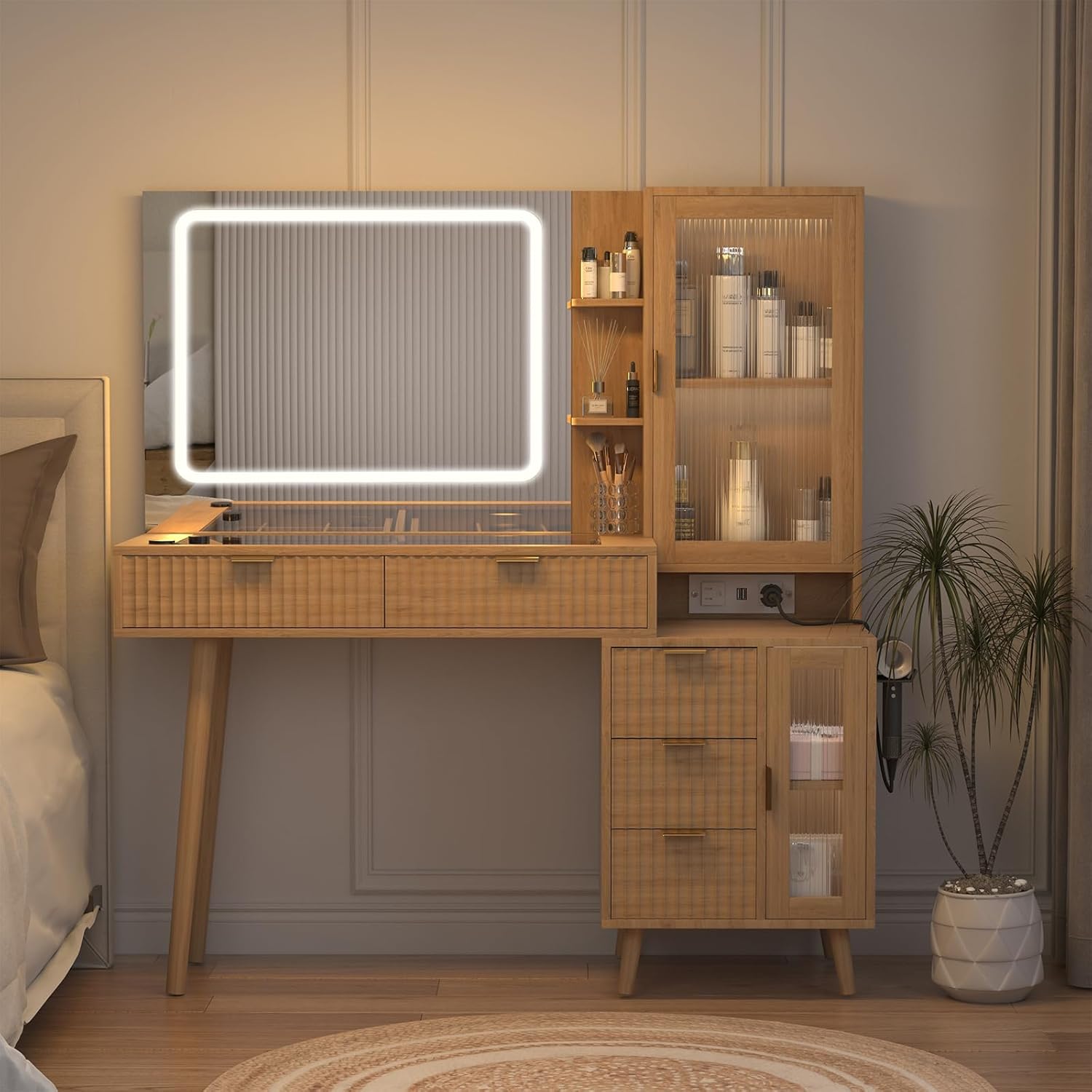 49" Wood Vanity Desk with Mirror and Lights, Boho Fluted Makeup Vanity Table with Modern Glass Top, Charging Station, 5 Drawers, 2 Cabinet with Adjustable Shelves, Salon Station, Natural Oak