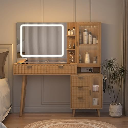 Miniatura 8 de Escritorio de tocador de madera de 49 pulgadas con espejo y luces, mesa de tocador de maquillaje acanalada bohemia con parte superior de vidrio