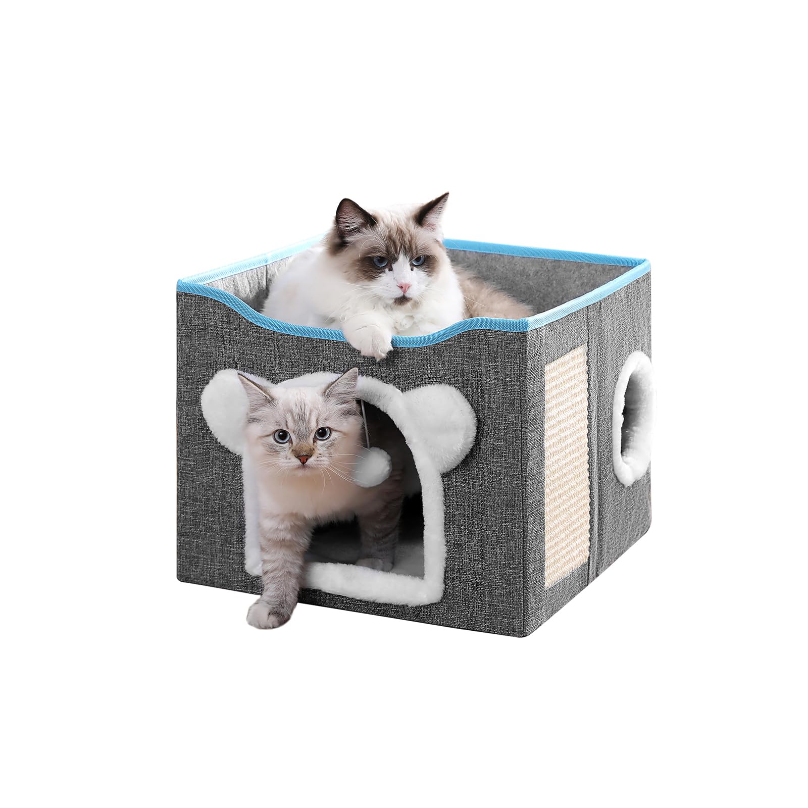 Cat House for Indoor Cats, Large Cat Bed Cave with Scratch Pad and Fluffy Ball, Foldable Cat Hideaway Condo, Kitten Bed, 16x16x13inch (Grey, Large)