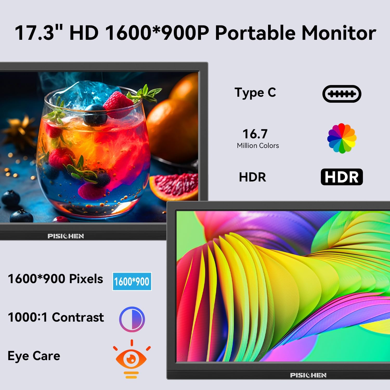 Pisichen 17.3 inch Portable Monitor displaying vibrant colors with specifications like 1600x900 pixels, 1000:1 contrast, and eye care features.