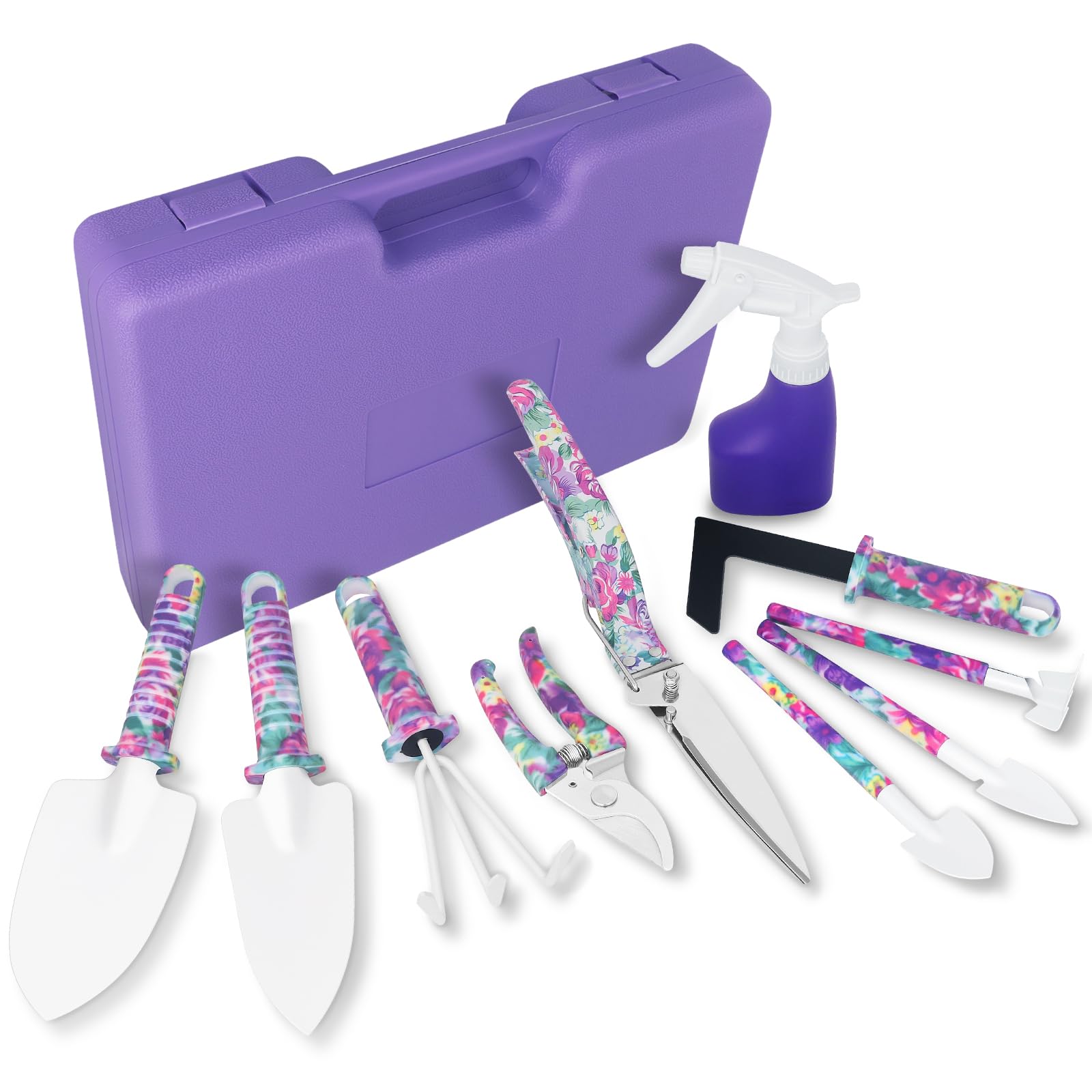 Outils Jardinage, Kit 10 Pièces avec Mallette, Motif Violet