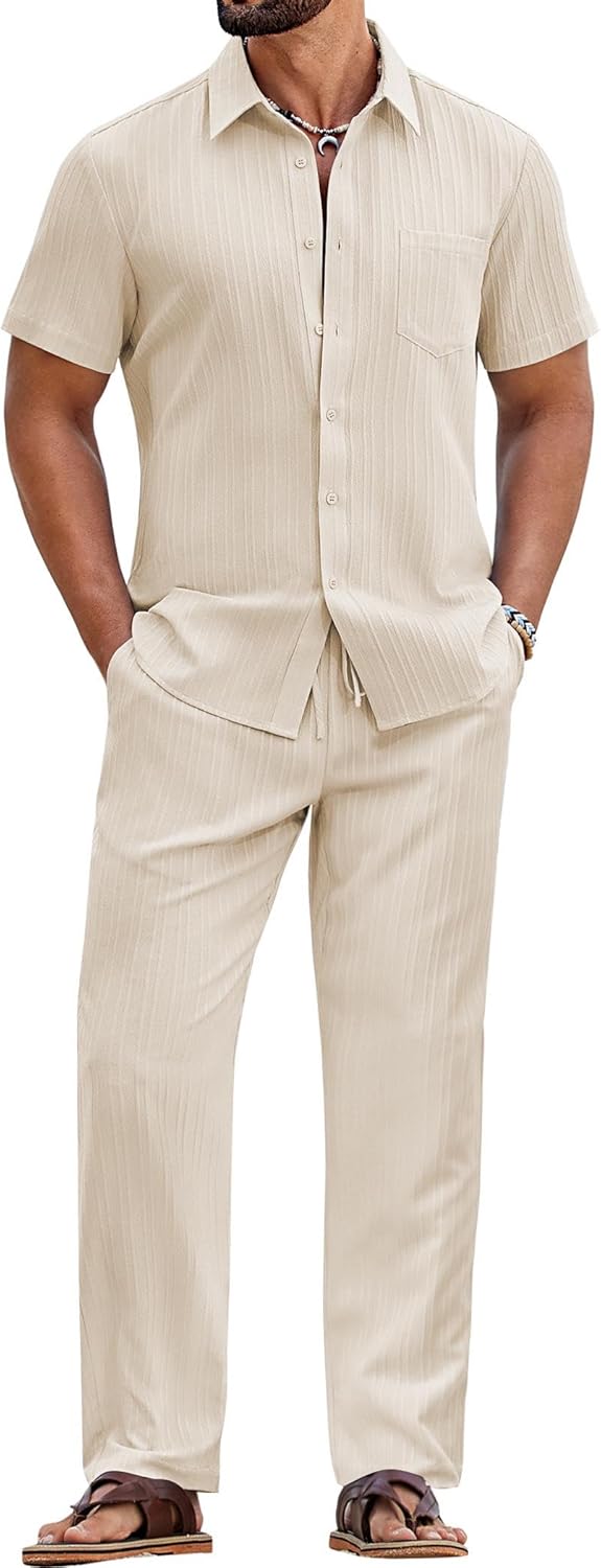 COOFANDY Mens 2 Piece Sets Summer Outfits Short Sleeve Button Down Shirt Loose Pant Sets Beach Vacation Outfits