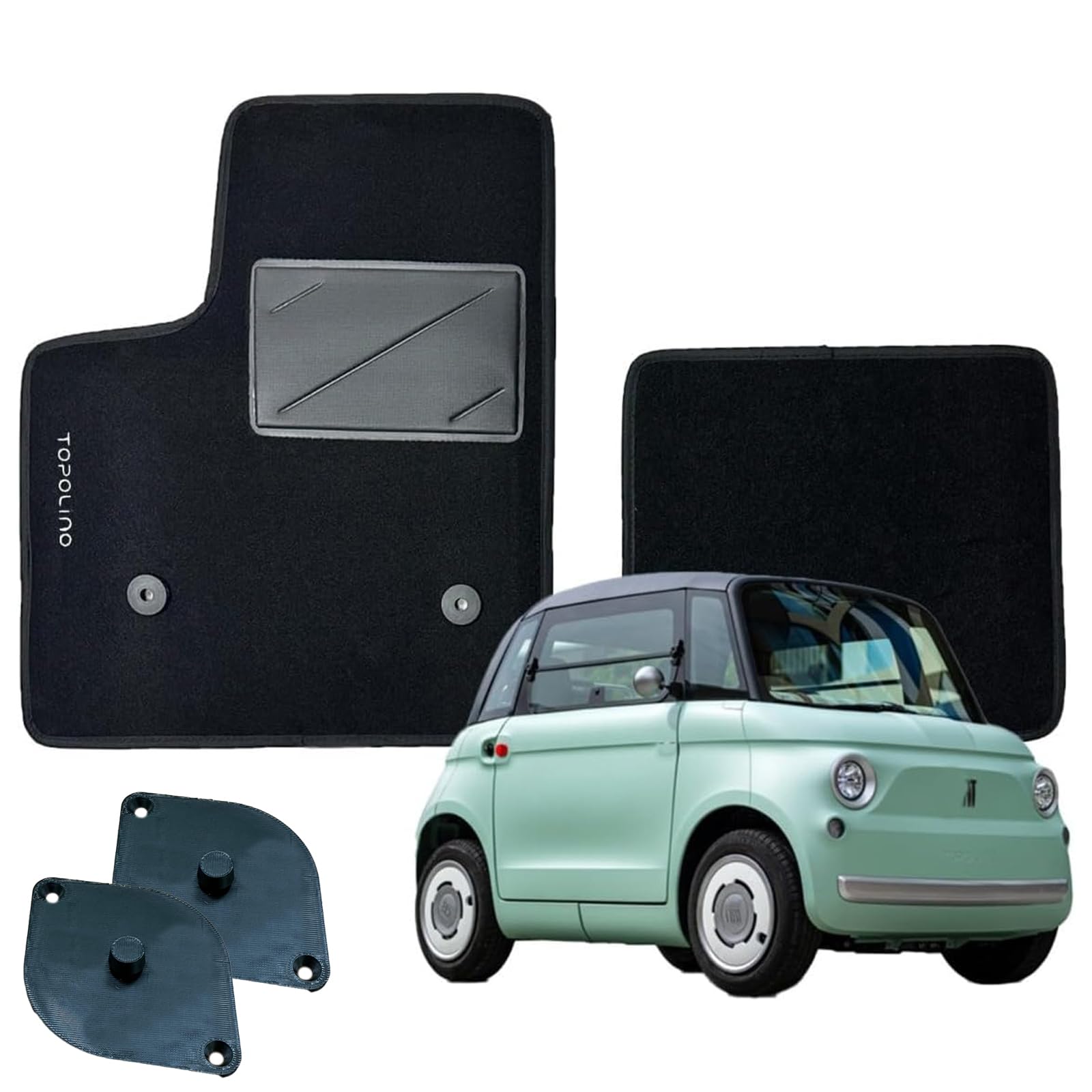 SERIE 2 TAPPETI - TAPPETINI IN MOQUETTE NERI PER FIAT TOPOLINO DAL 2023 IN POI (Tappeti + Kit Agganci)