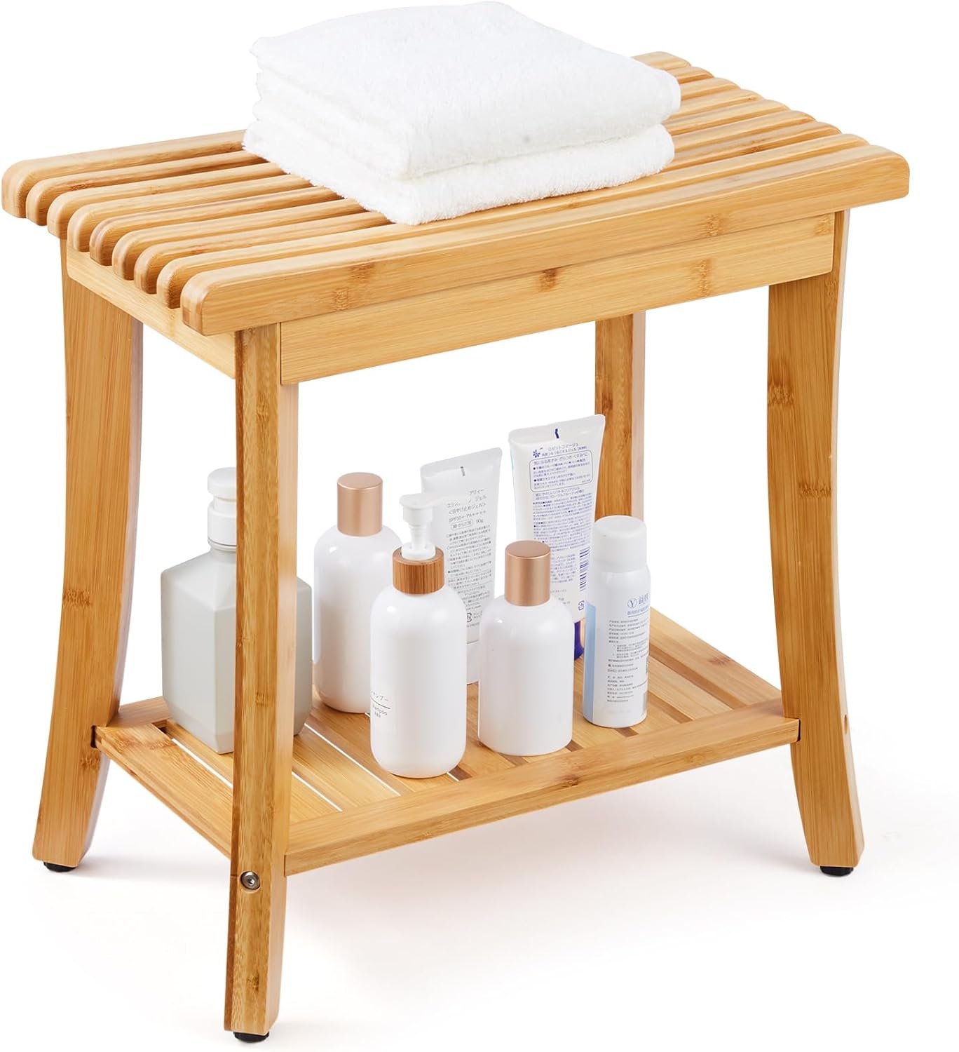 VEVOR Bamboo Shower Bench, 19in Waterproof Shower Stool Chair with Storage Shelf Non-Slip Foot Pads, 330lbs Load Capacity Shower Chair Seat, for Bathroom Indoor and Outdoor Use