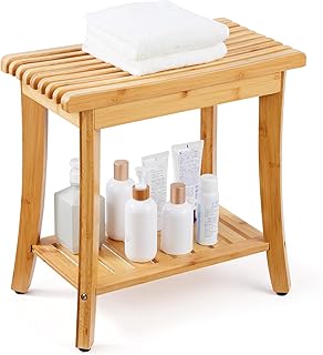 VEVOR Bamboo Shower Bench, 19in Waterproof Shower Stool Chair with Storage Shelf Non-Slip Foot Pads, 330lbs Load Capacity Shower Chair Seat, for Bathroom Indoor and Outdoor Use