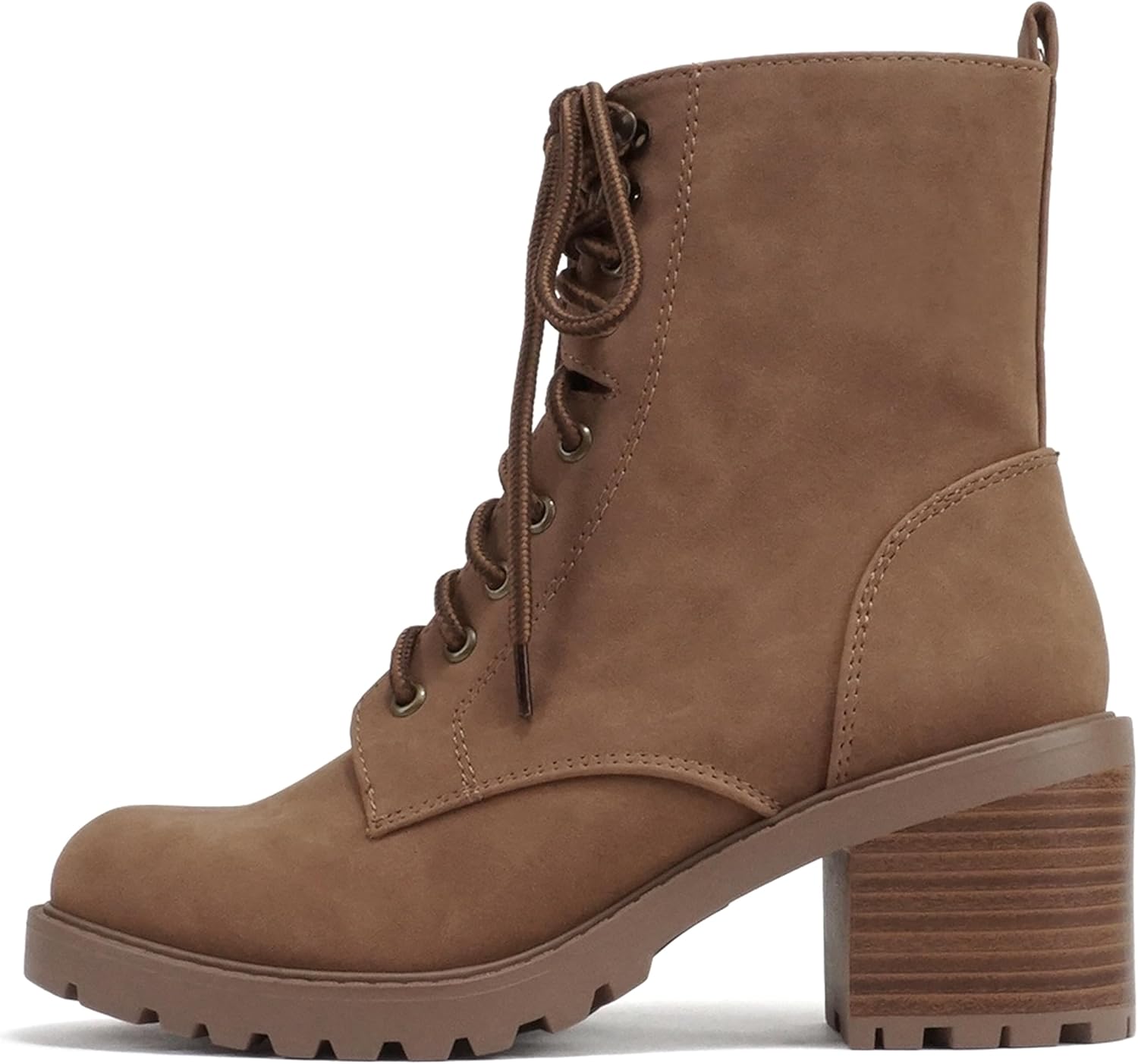 Soda “VELOUR” ~ Women Round Toe Lace-Up Lug Sole Medium Stack Heel Mid Shaft Combat Boot with Side Zipper (LIGHT COGNAC NUBUCK, numeric_10)