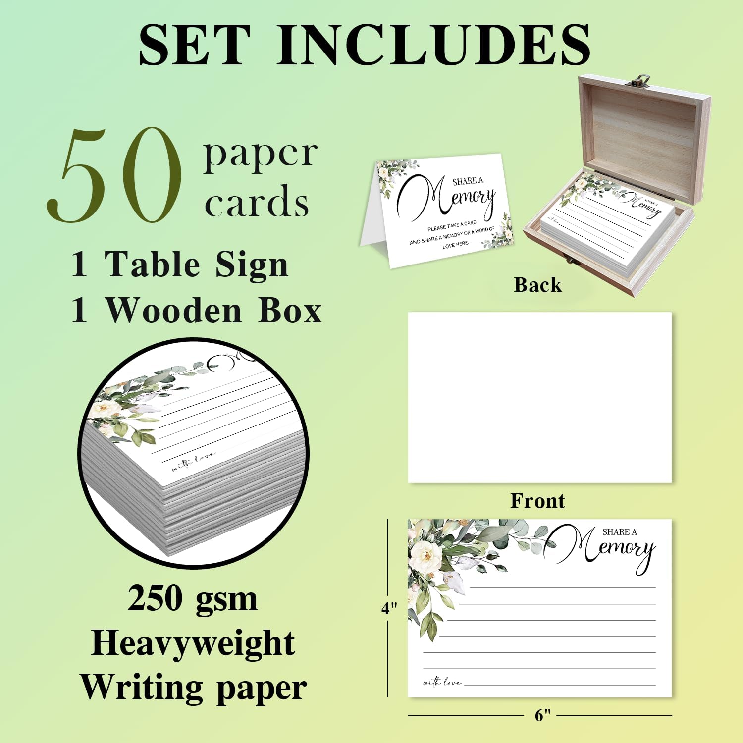 Share a Memory Cards with Box, Funeral Memory Box with 50 Greenery Cards, Wooden Keepsake Holder, Guest Book Idea for Memorial Service, Celebration of Life Decor, Wedding, Birthday -A01 image 2