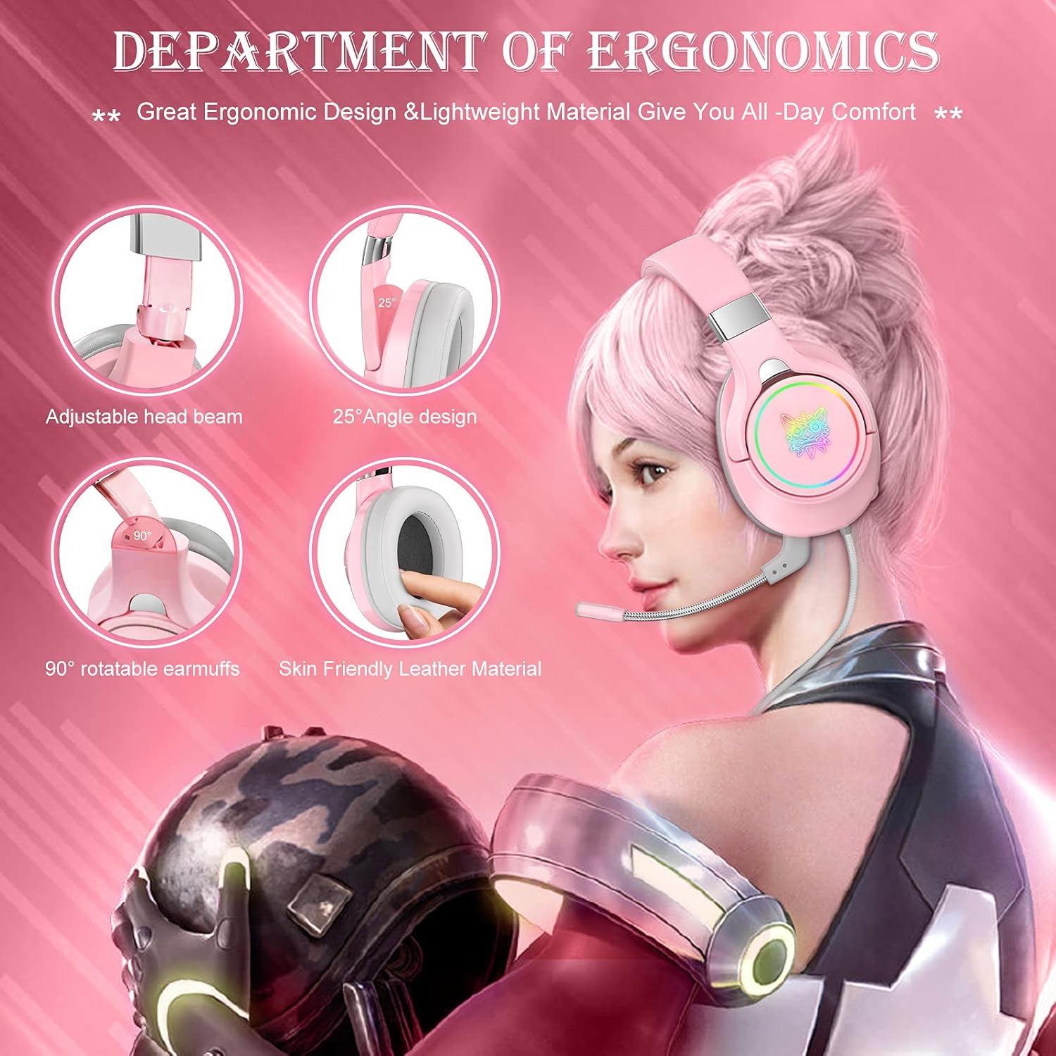 HOLULU Foldable Pink Gaming Headset Compatible with PS5 PS4 PC Mobile Phone Tablet Xbox One(Adapter Not Included), with Detachable Noise Canceling Mic, Surround Sound, RGB Light, 3.5mm & USB C Plug : Video Games