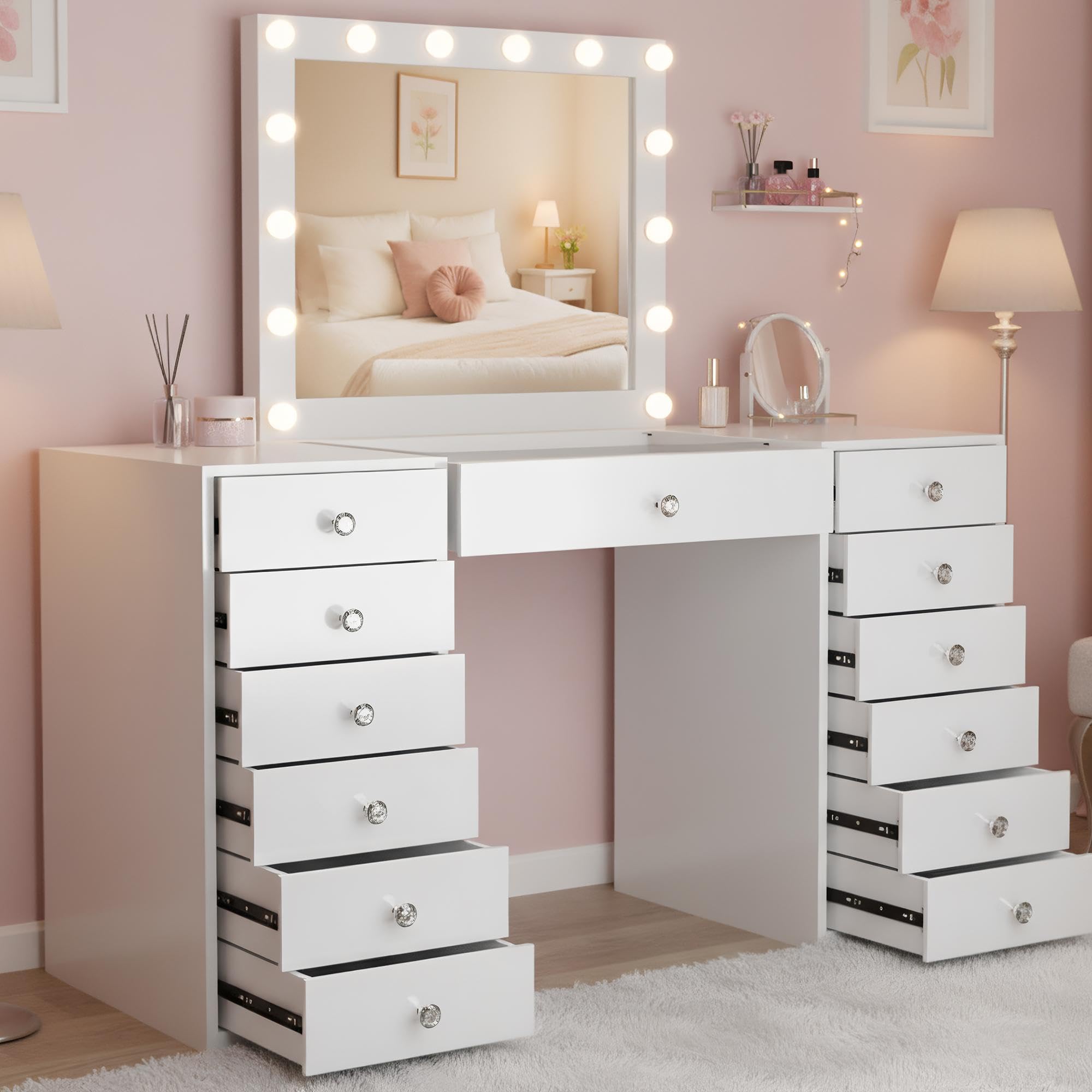 CLP Coiffeuse avec éclairage et Miroir 100x75 cm Attalla, Miroir Hollywood LED 3 Couleurs de lumière, avec tiroirs, Connexion USB-A et USB-C, Couleur:Blanc