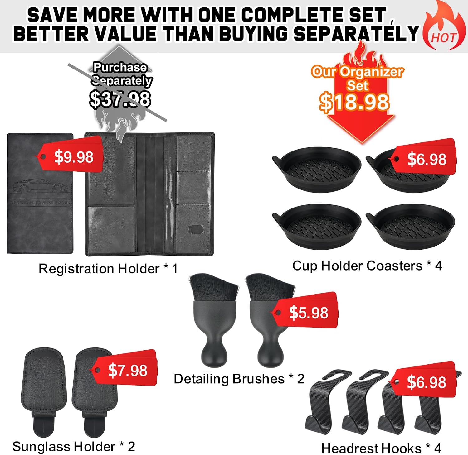 Car Accessories Gift Set for New Drivers, 13PCS Everyday Car Essentials Kit with Registration Insurance Holder, Cup Holder Coasters, Headrest Hooks & Cleaning Brushes for Men & Women
