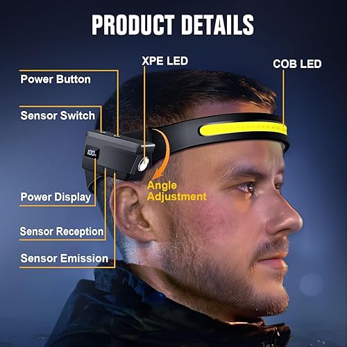 Miniatura 8 de Linterna frontal LED recargable, 3 unidades, faro de haz ancho de 230 con sensor de movimiento, rotación de 90 y luces de cabeza extraíbles para