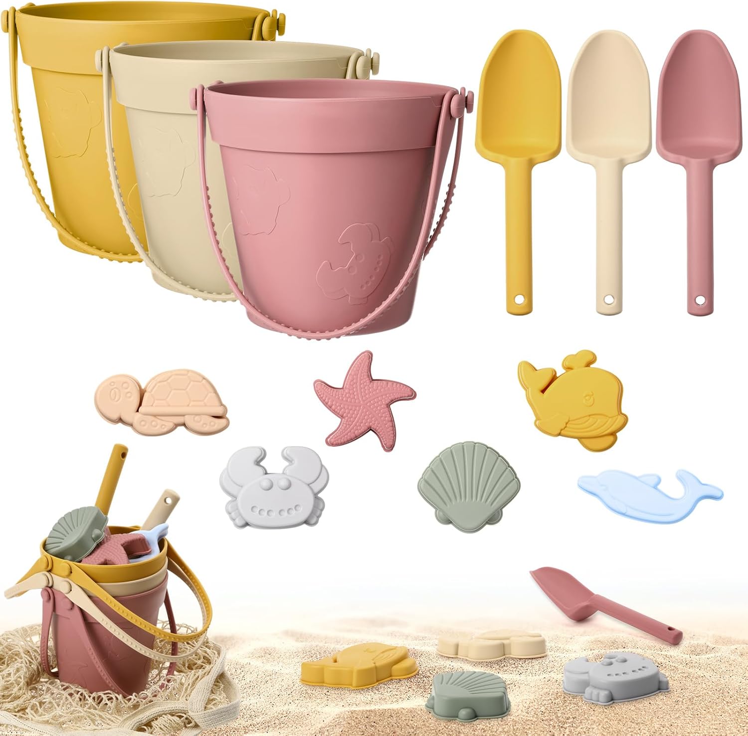 Hungdao 13 Pcs Silicone Beach Toys Travel Beach Set Sand Toys Including 3 Silicone Buckets 3 Shovels 6 Sea Creature Sand Molds 1 Bag for Kids Boys Girls Summer Pool Outdoor Bath(Pink White Yellow)