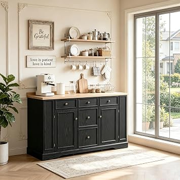Buffet Cabinet with 5 Drawers, 2 Cabinets Adjustable Shelves, Sideboard Cabinet for Entryway Kitchen, Black