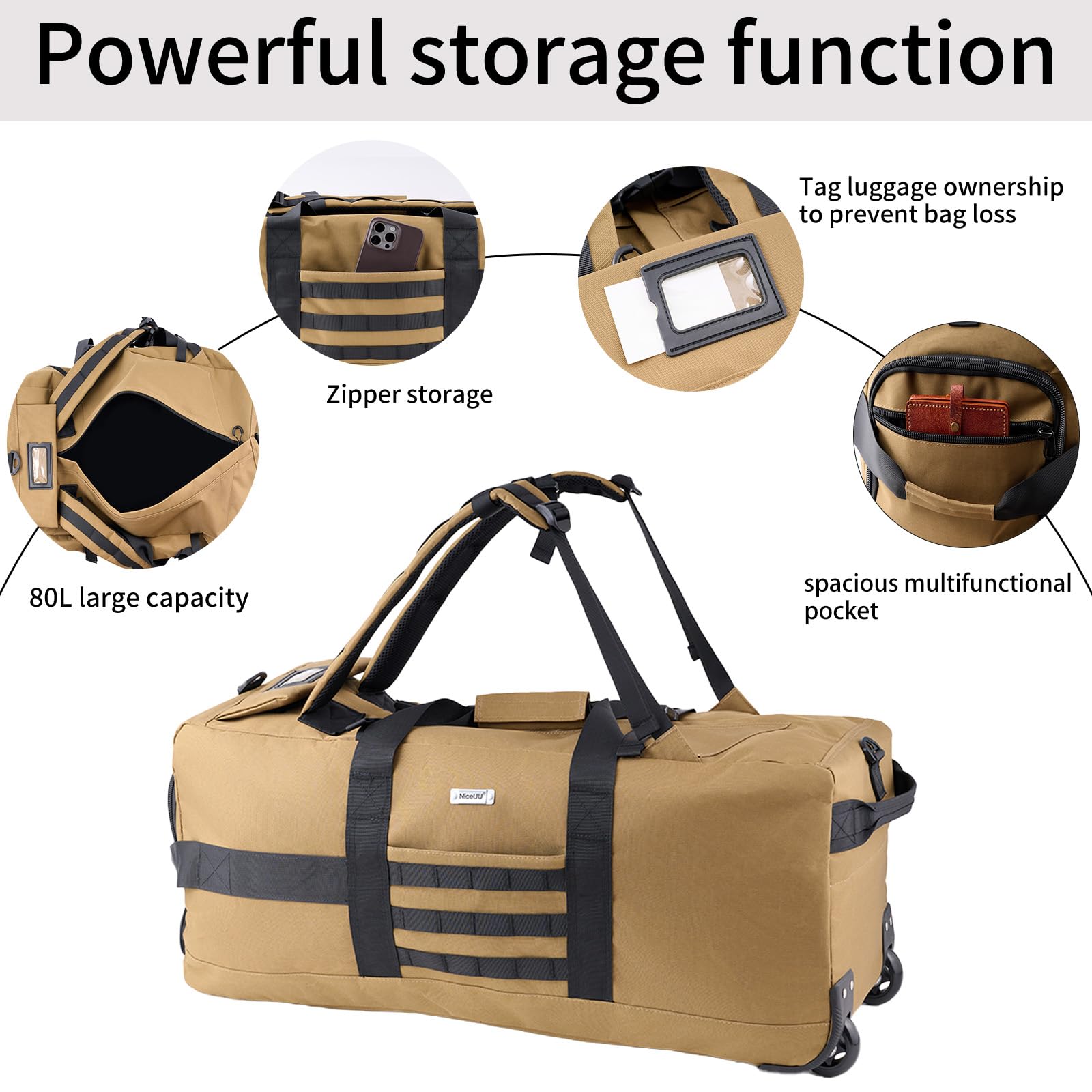 Reisetasche mit Rollen, großer Rollrucksack, militärischer taktischer Rollen, faltbar, für Einsatz, Camping, Sport, Wochenender, Übernachtung, persönliche Gegenstände, Seesack, 80 l, Khaki, 31.5" L x