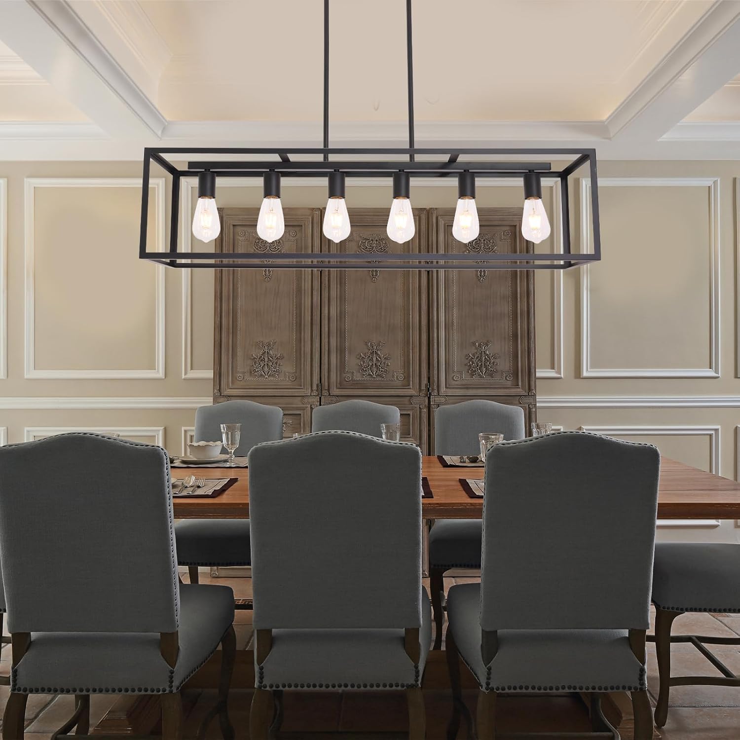 BONLICHT Black Rectangle Farmhouse Chandelier 6 Light Modern Dining Room Lighting Fixture Hanging Kitchen Island Pendant Light Industrial Metal Linear Cage Flush Mount Ceiling Light for Hallway Foyer