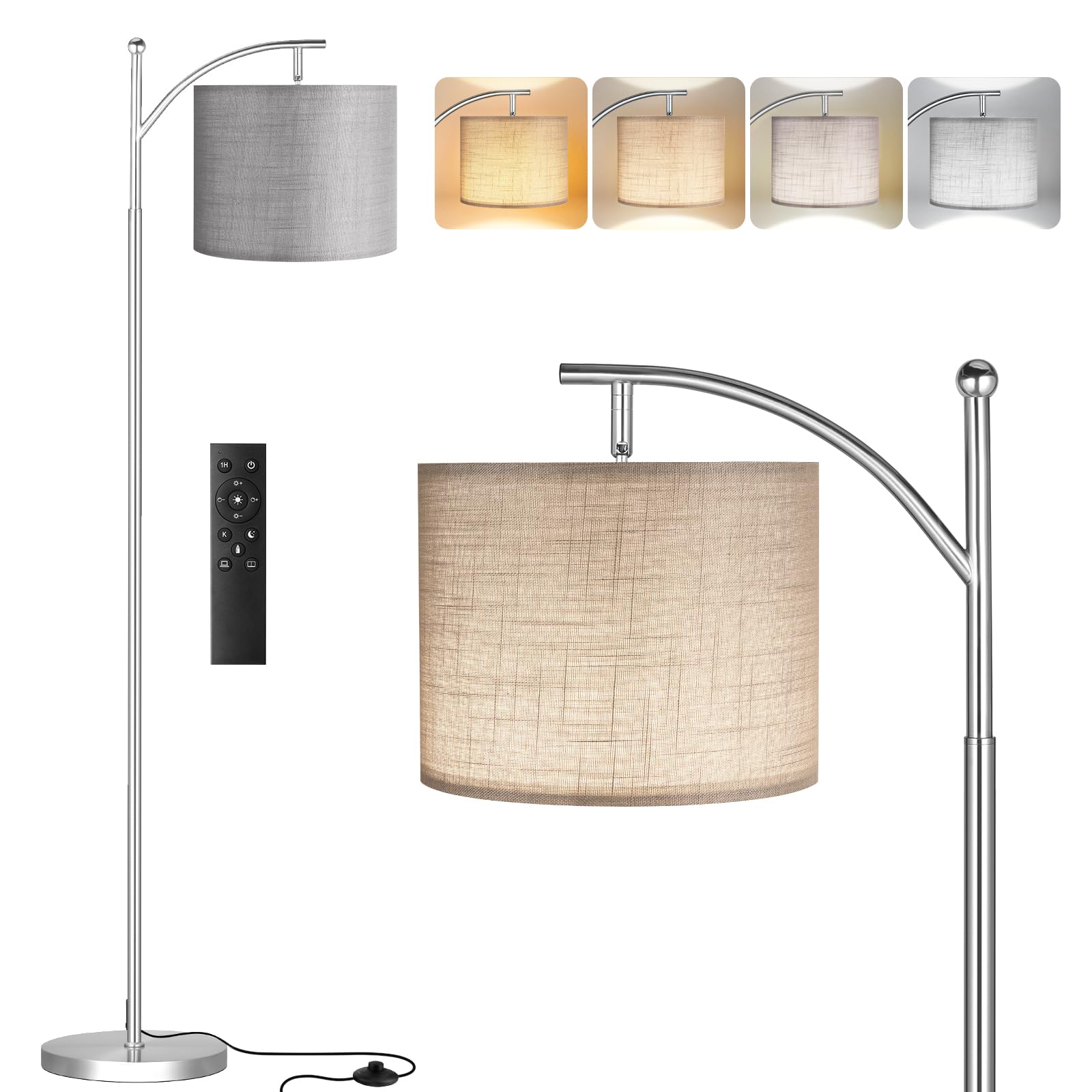 Lampa podłogowa, 60-calowe nowoczesne lampy stojące łukowe do salonu z pilotem i bezstopniową regulacją temperatury i jasności kolorów, Lampy do salonu, sypialni, biura (żarówka w zestawie)