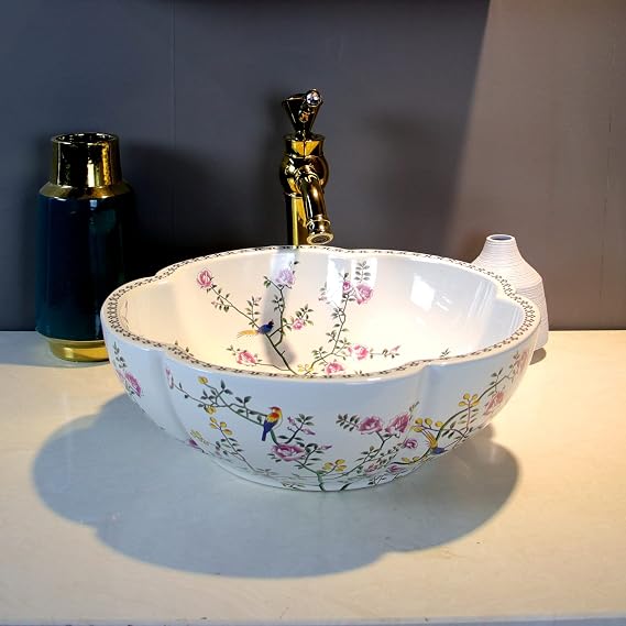Ceramic Bathroom Vessel Sink Bowl White Color Art Above Counter Vanity Wash Basin with Flower Shape and Flower Bird Pattern,1Sink Only