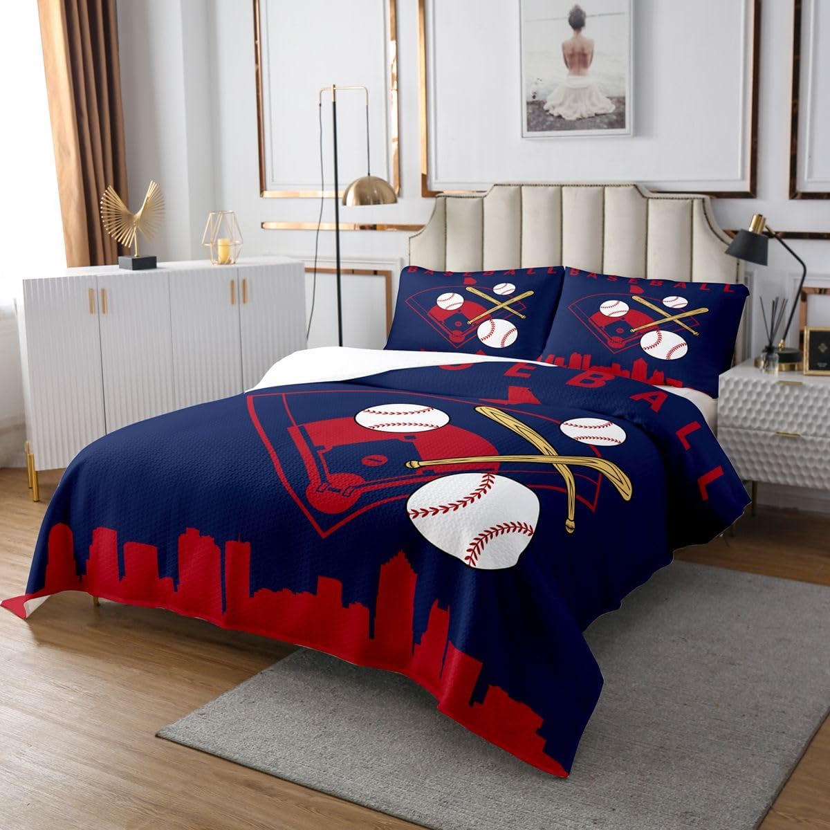 Erosebridal Baseball Sports Kids Coverlet Set 3 Piece Baseball Bat King Bedspread for Boys Teens Youth City Building Silhouette Quilt Set Softball Navy Blue Bedding Sets with 2 Pillow Cases