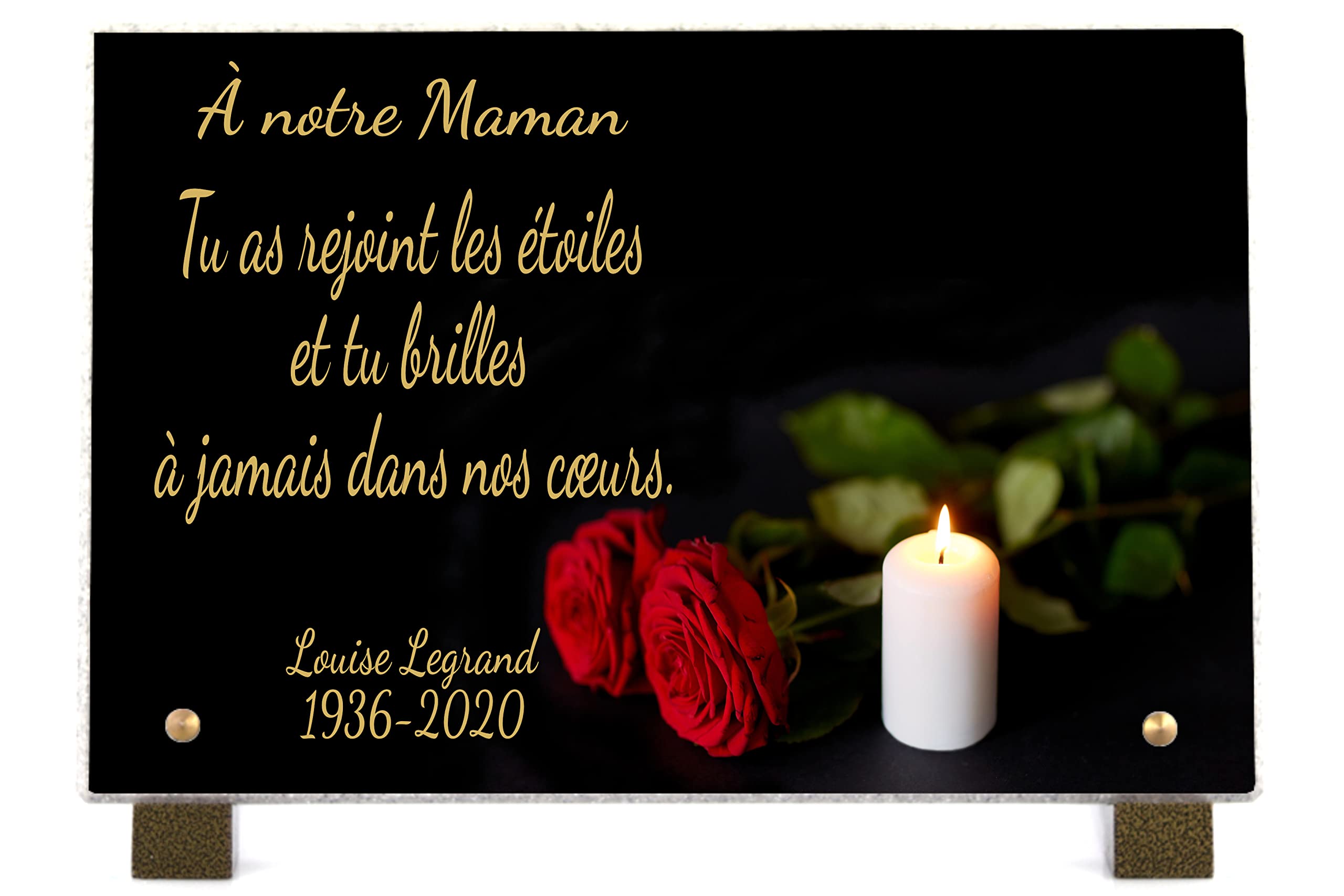 PHENIX | Plaque Funéraire Bougie, Plaque Funéraire Personnalisable Roses en Pierre (30x20 cm) - Plaque mortuaire - Texte 100% Personnalisable - Résistante aux UV - Bougie & Roses Rouges