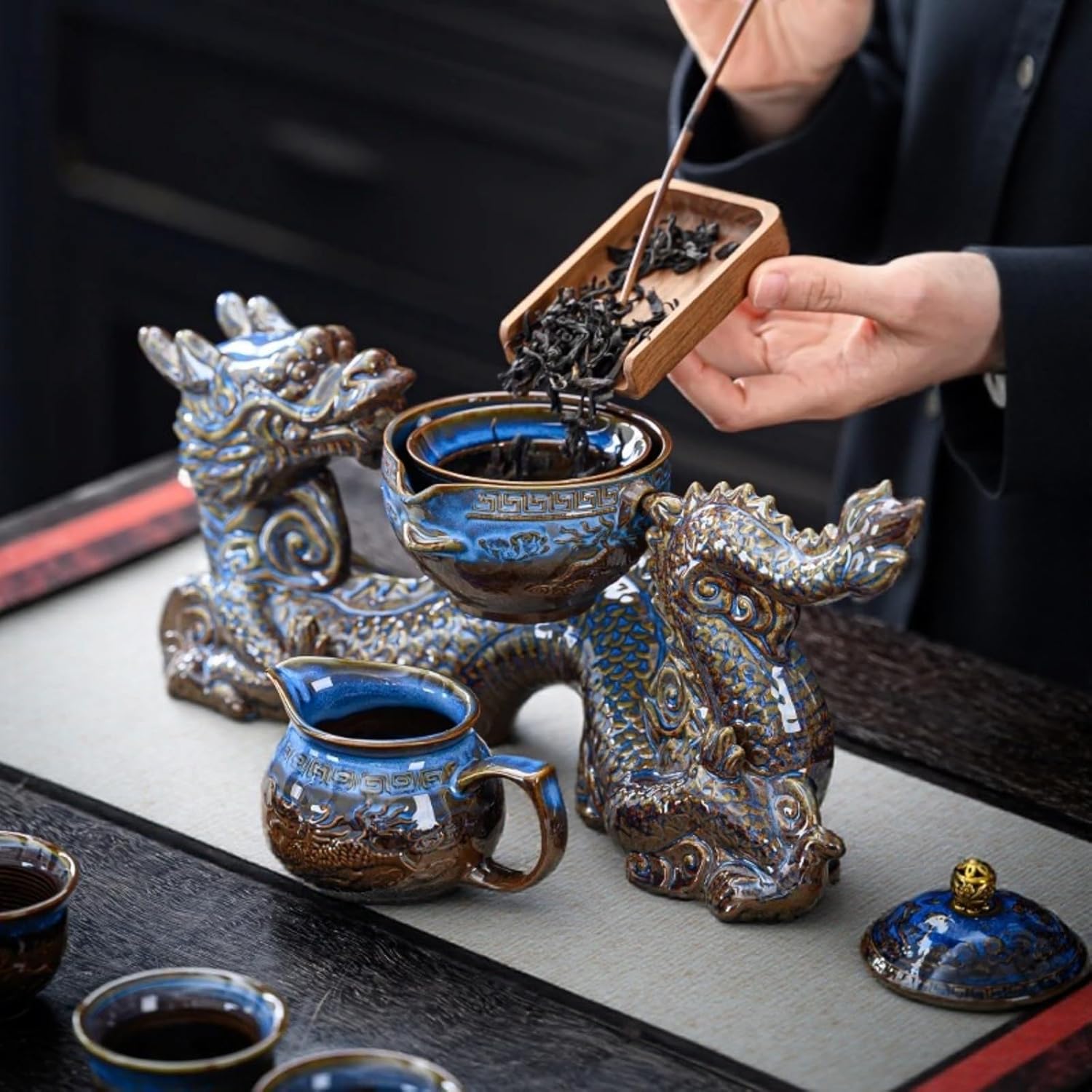 Chinese Gongfu Tea Set - Ceramic 360 Rotating teapot with Infuser, 6Cups, Semi Automatic Dragon Design for Loose Leaf Tea