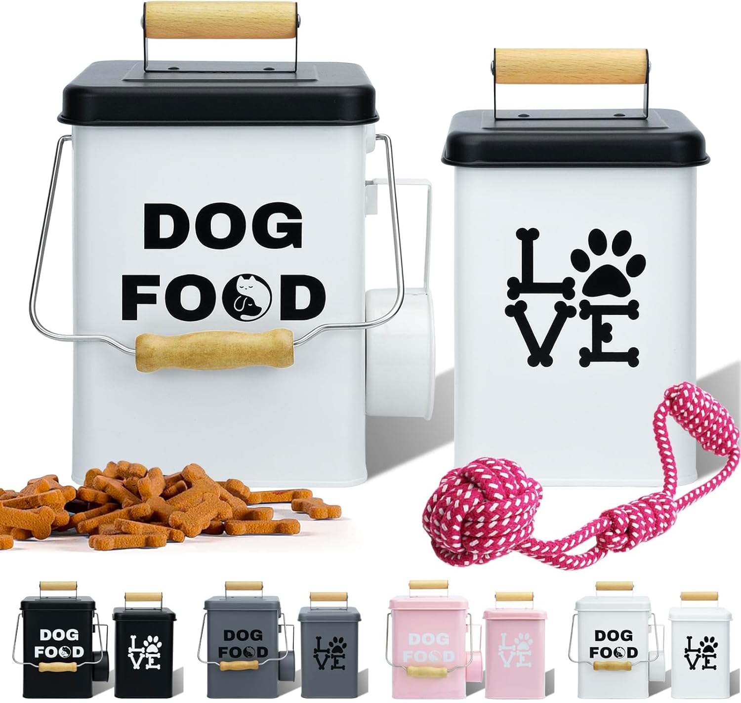 Dog Food Storage Container Set of 2 Dog Treat Container with Airtight Lids Dog Treat Jar with Scoop Metal Dog Food Holder with Wooden Handles for Kitchen Counter and Pantry Home Decor - Pink