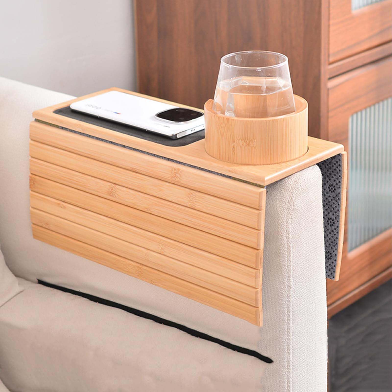 Bandeja de madera 2 en 1 para brazo de sofá y soporte para tazas, diseño antideslizante para mandos a distancia de CA y teléfonos, accesorio perfecto para sofá para mayor comodidad y comodidad