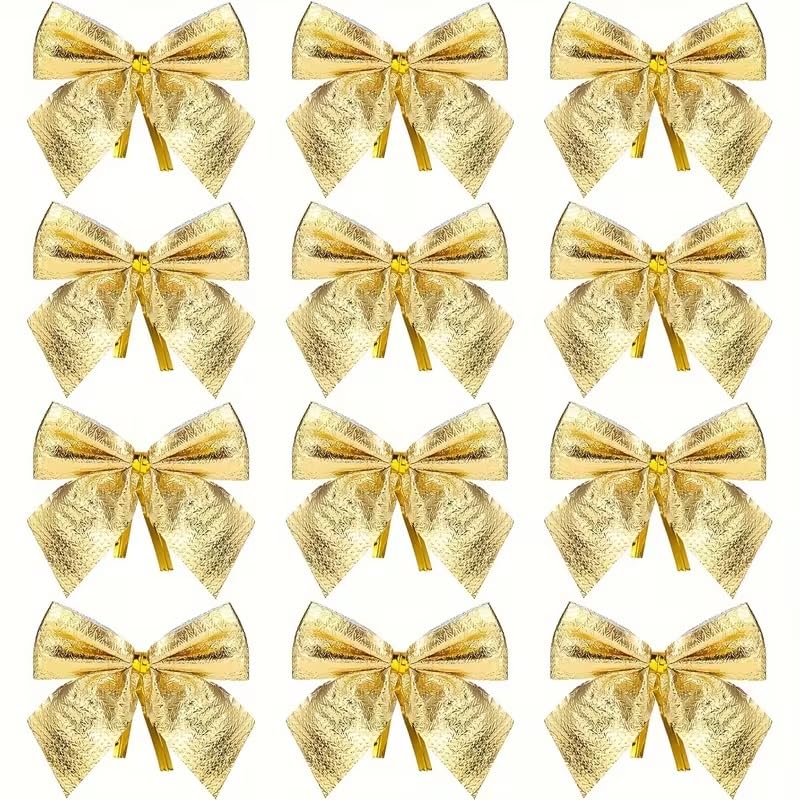 Mini Christmas Bows Pack of 24-3.5” x 3.5” Small Bows for Christmas Tree Velvet Bows for Ornaments, Crafts, Candy Canes - Gold Wire Twist Tie for Easy Attachment