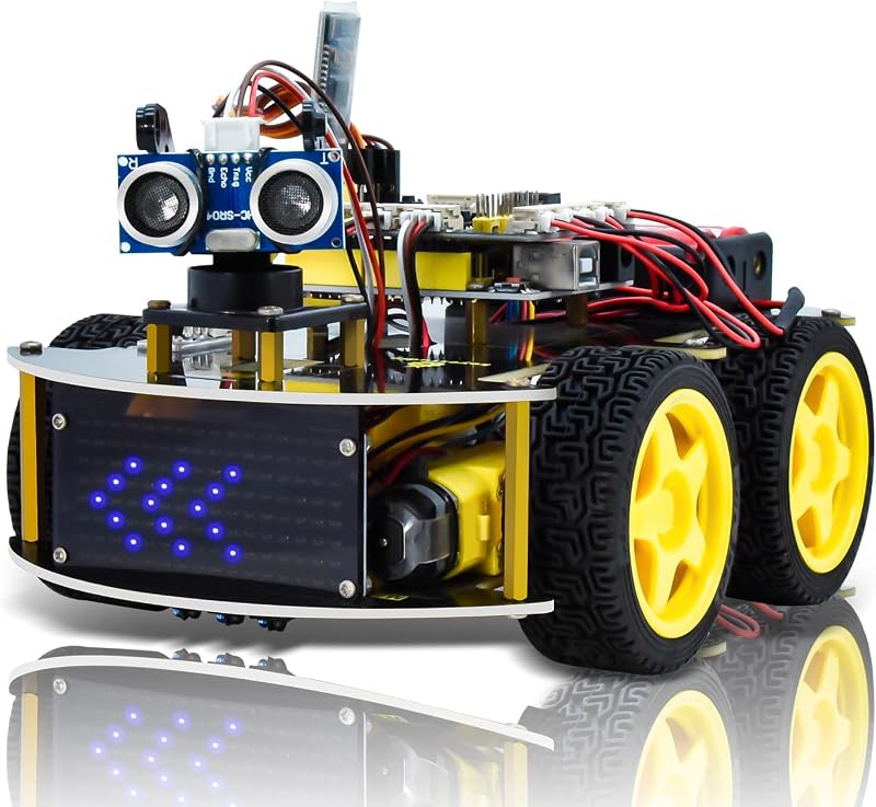 Kit de auto inteligente, kit de inicio de bricolaje programable 4WD para Arduino para Uno R3, proyecto de programación electrónica/kit educativo/codificación científica STEM para adolescentes y adultos mayores de 15 años