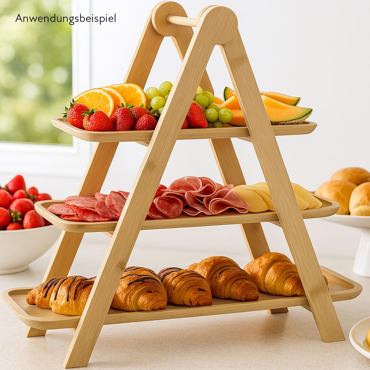 Murago - Bambus Etagere mit 3 Ablagen - Servieretagere Dreistöckig Buffetständer Servierständer Dessert Cupcake Brot Ständer Gebäck Obst Käse Tapas Fingerfood Frühstück länglich Deko Holz Landhausstil