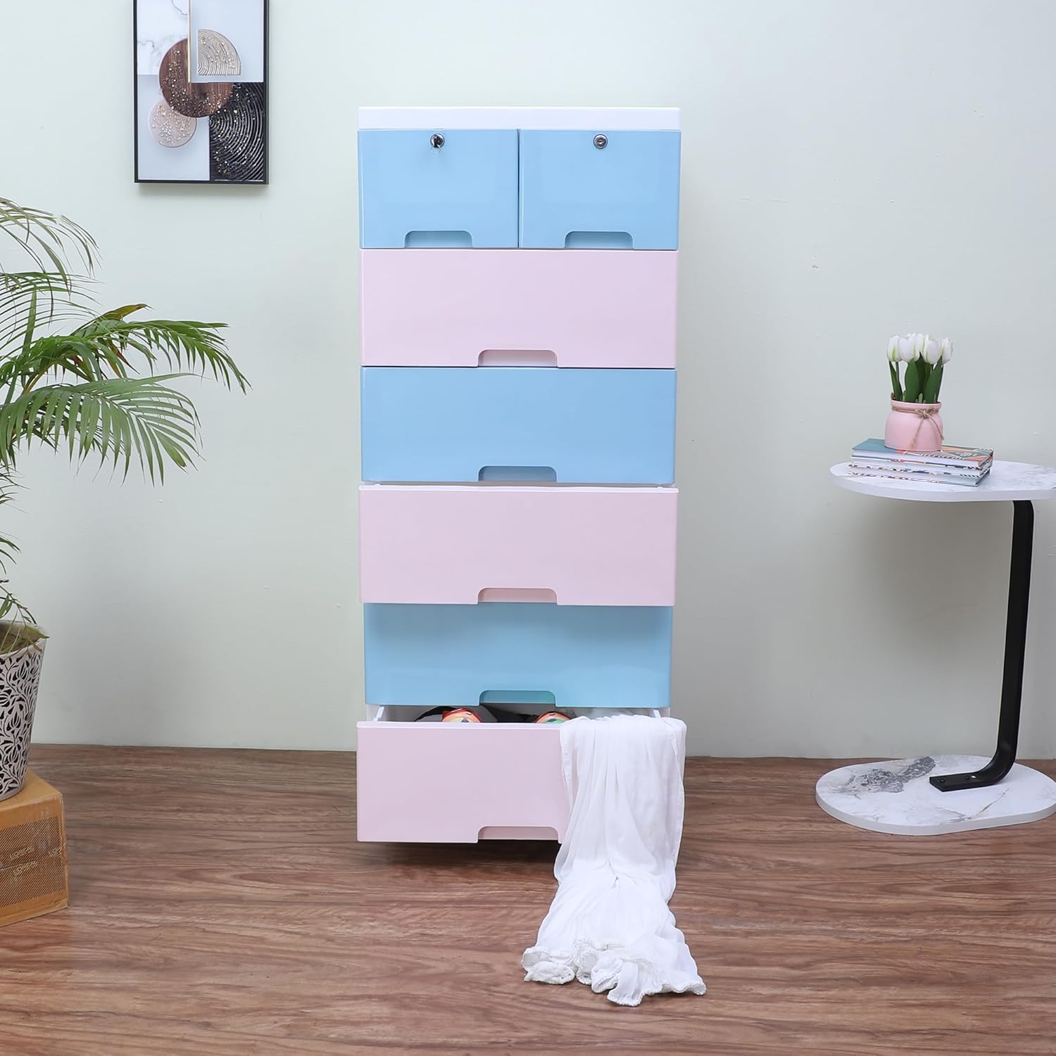 The Tickle Toe Plastic Chest of 7 Drawers for Kids | Multipurpose Organizer with 2 Locks | Portable Wardrobe Cabinet for Clothes & Toys | Glossy Finish | 51L x 33W x 121H cm | 4 Blue & 3 Pink
