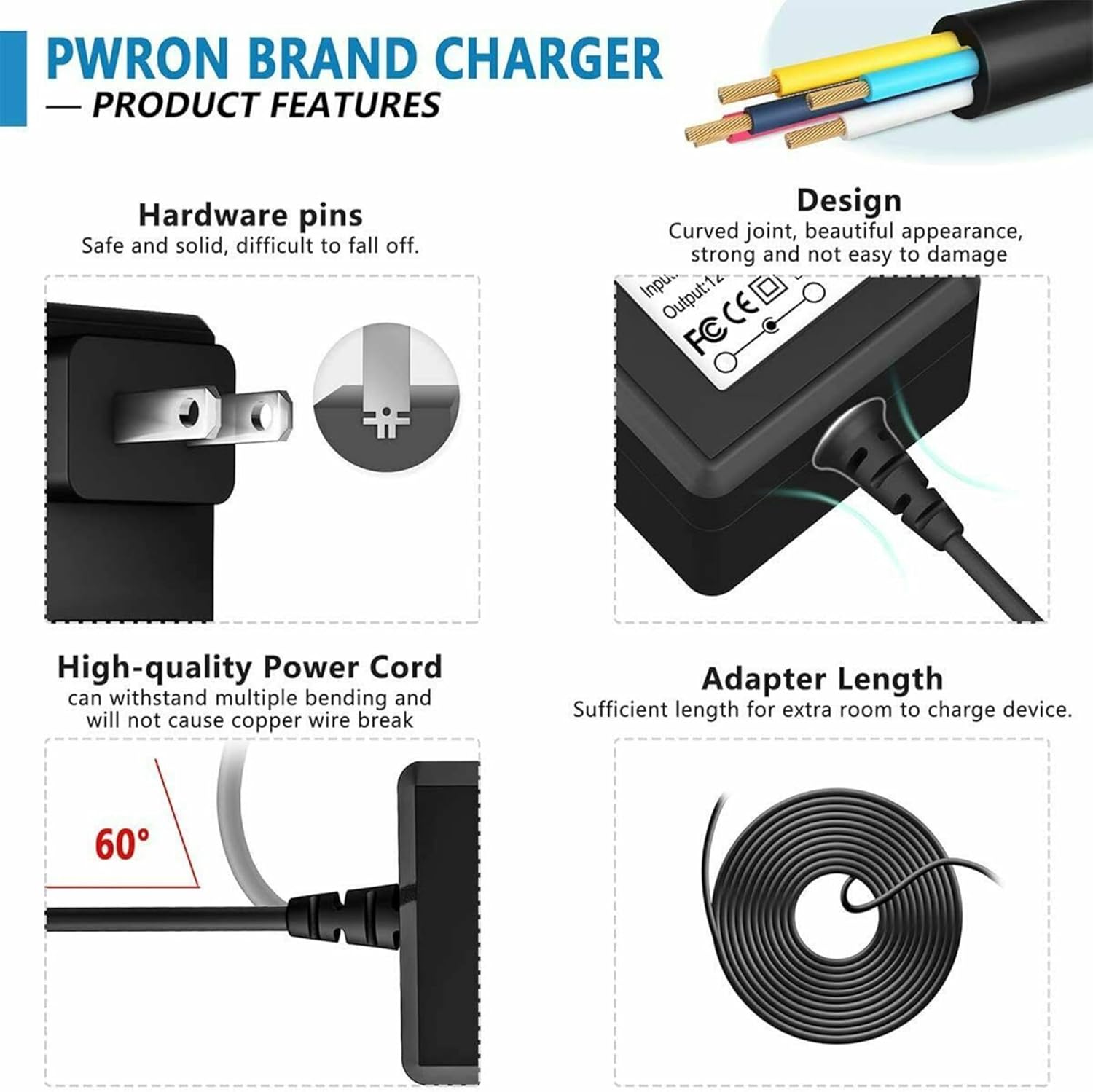 Diagram showing features of the PwrON charger including hardware pins, design, high-quality power cord, and adapter length