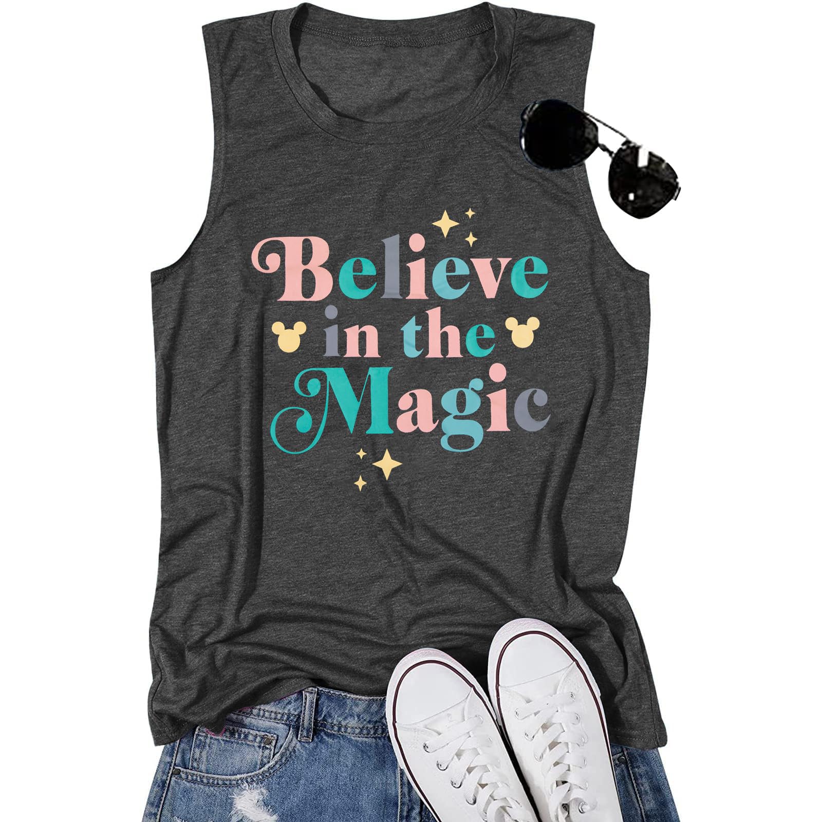 FRYAID Magic Tank Tops Magical Castle Shirt Women Believe in Magic Graphic Tanks Vest Summer Sleeveless Family Vacation Tops