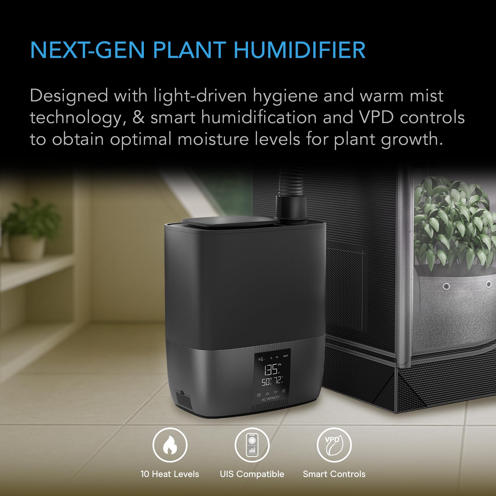 AC Infinity CLOUDFORGE T5, Humidificador de plantas de niebla cálida de 9 L con controles de humedad VPD de 10 niveles, vaporizador caliente/frío para todos los climas, purificación continua de agua