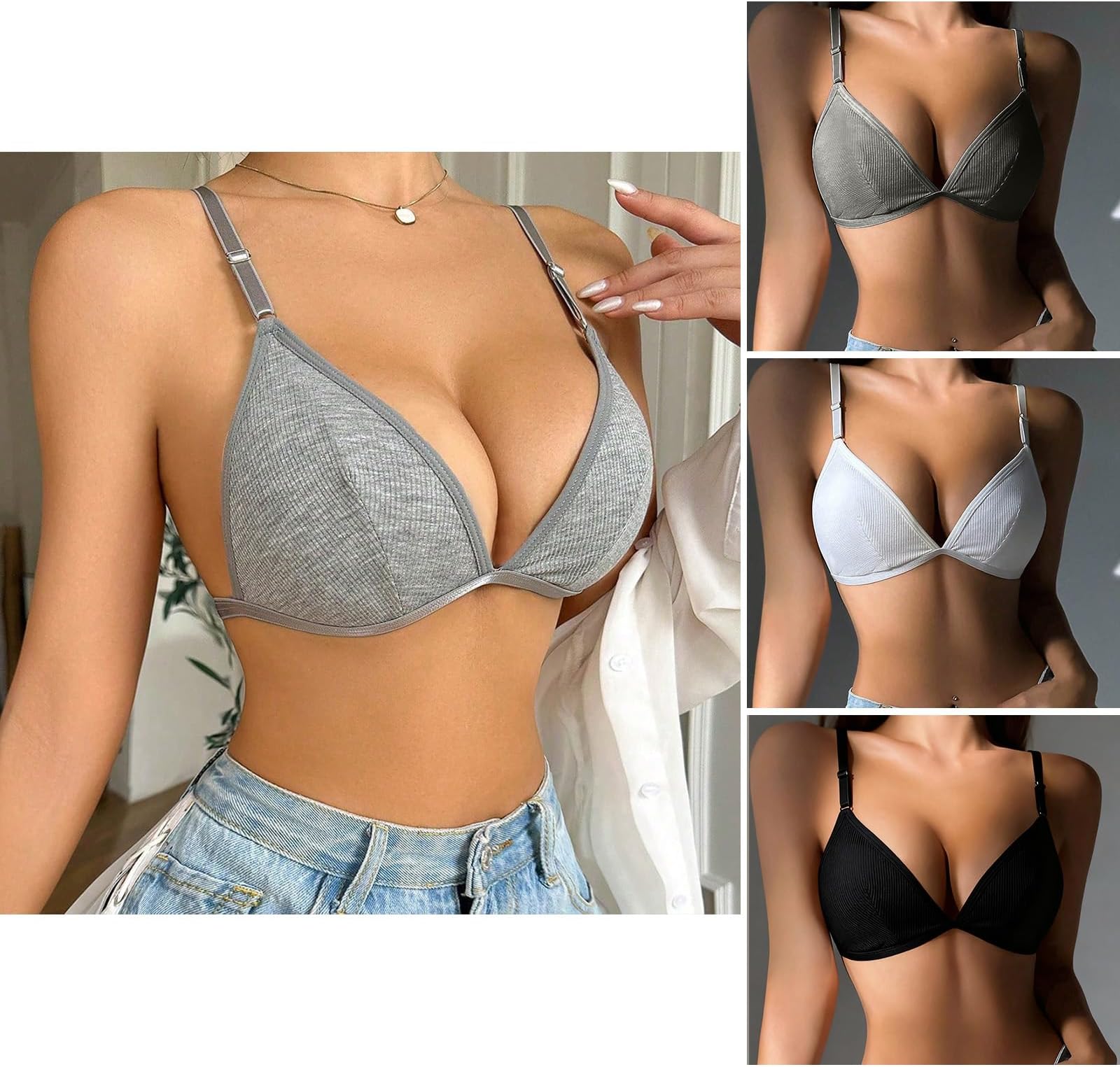 Women's Bra Triangle Cup Adjustable Strap Ribbed Seamless Wireless Bralette for Women