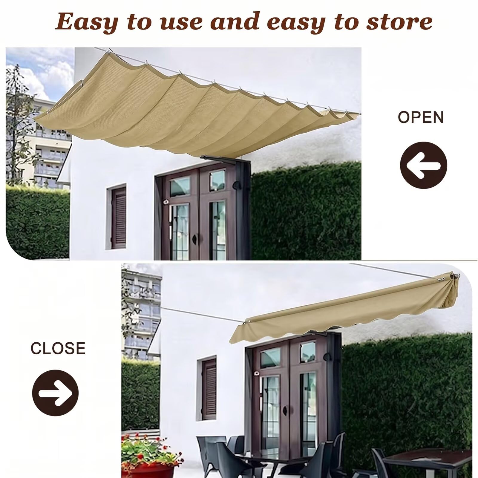 Parasol de Olas Corredizo 400x700cm, Techo Solar de Piscina Caqui | Material 230g/m² grueso: impermeable, anti-UV, escudo térmico. Cuerda de nylon flexible para un cierre suave y fácil