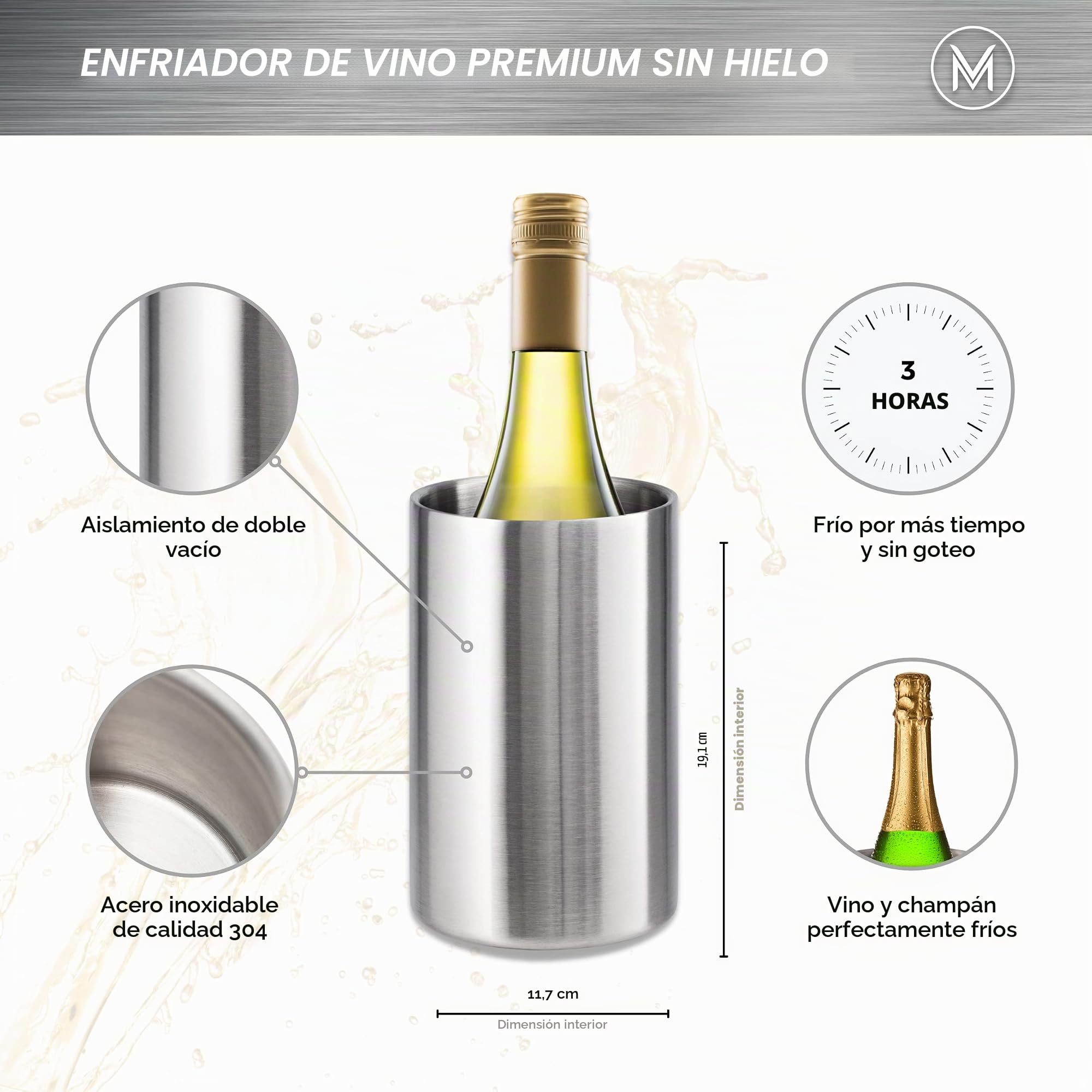 Villa & Marx Enfriador de Botellas de Vino - Champañera de Acero Inoxidable Térmica con Doble Pared - Cubitera para Champagne, Cava, Blanco y Tinto