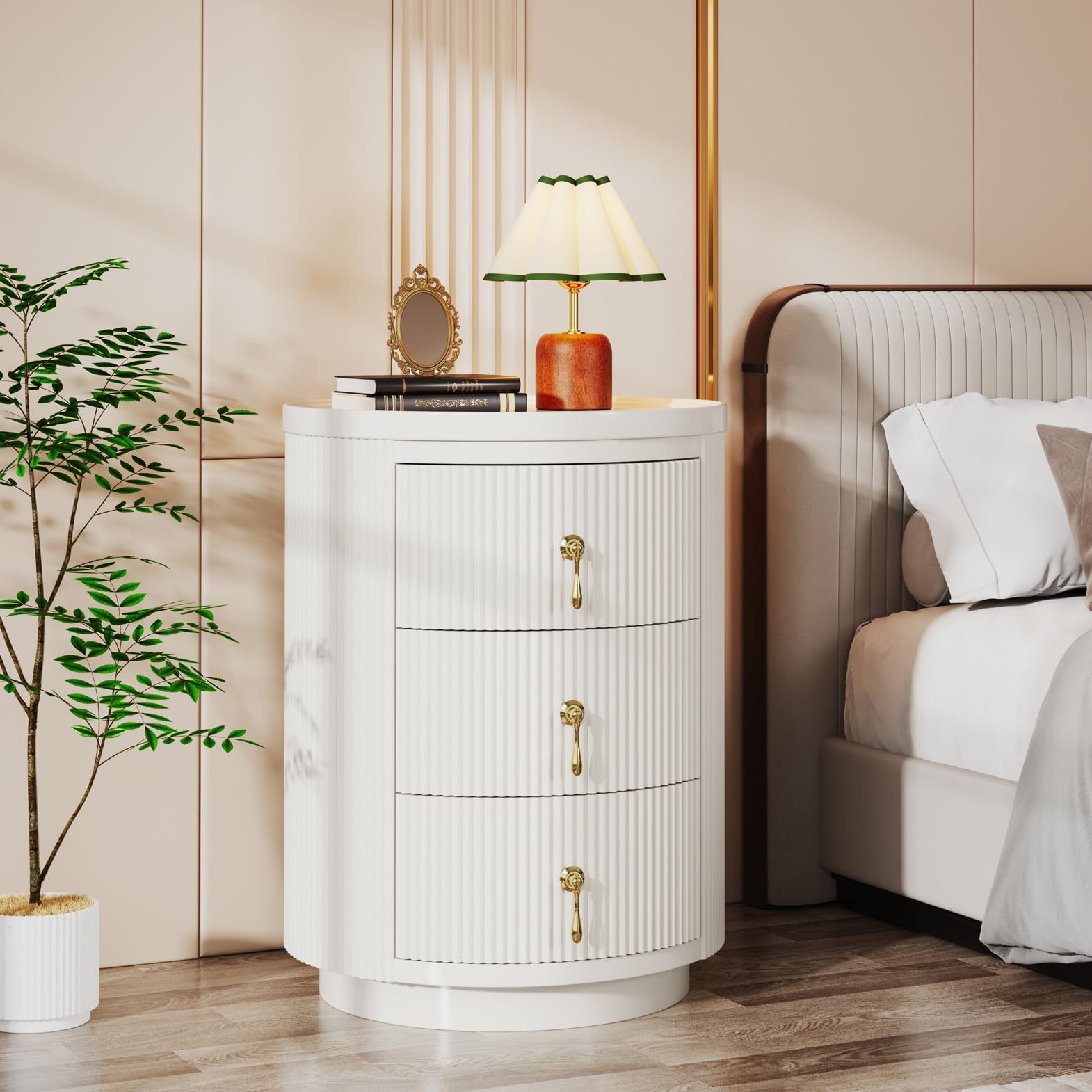 Tribesigns 3 Drawers Nightstand, Small Round End Side Table with Storage | No Assembly Required, 15.94"D x 15.94"W, For Bedroom, Gold Handles, White