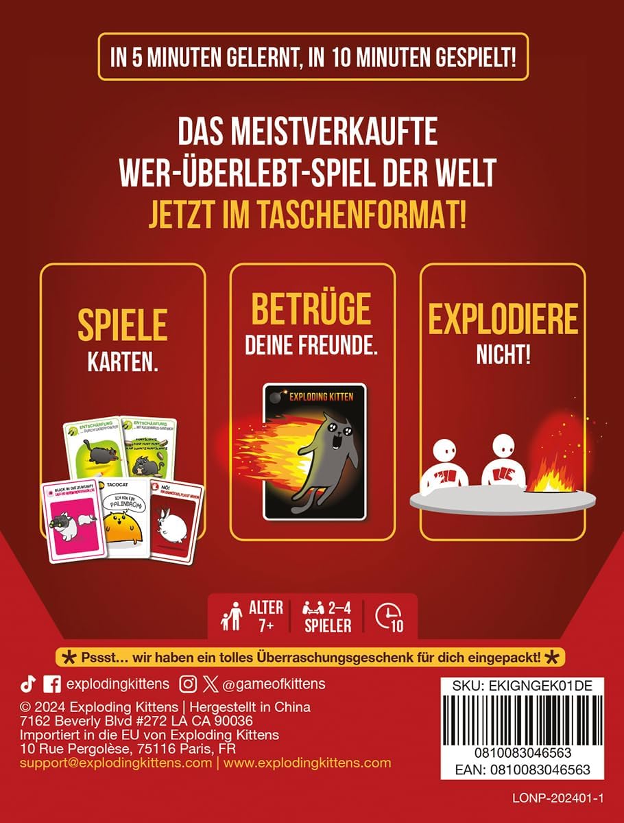 Exploding Kittens, Exploding Kittens: Grab & Game, Party Game, Card Game, 2-4 Players, Ages 7+, 10 Minutes, German