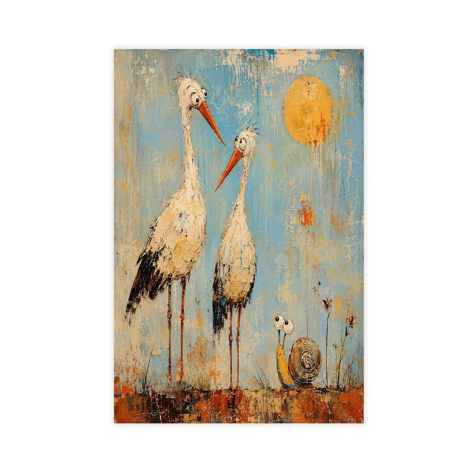 W7c8u2x3 Unframe-Style-21 Storks With Snail Canvas Wall Art, Whimsical Bird Sofa Area