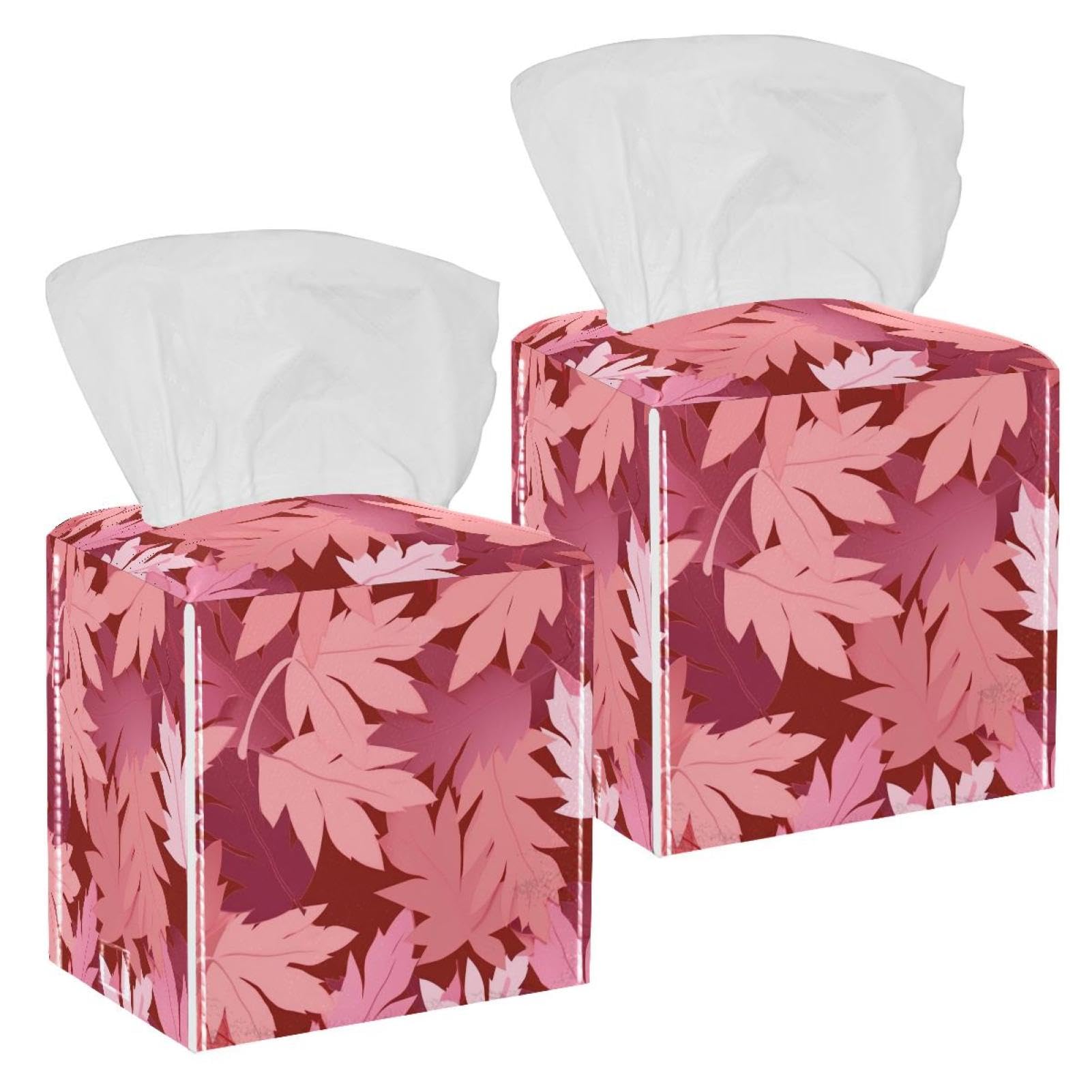 Artistic Leaves Tissue Box Cover, 2 Pack PU Leather Square Facial Tissue Dispenser Box holder for Home Office Car
