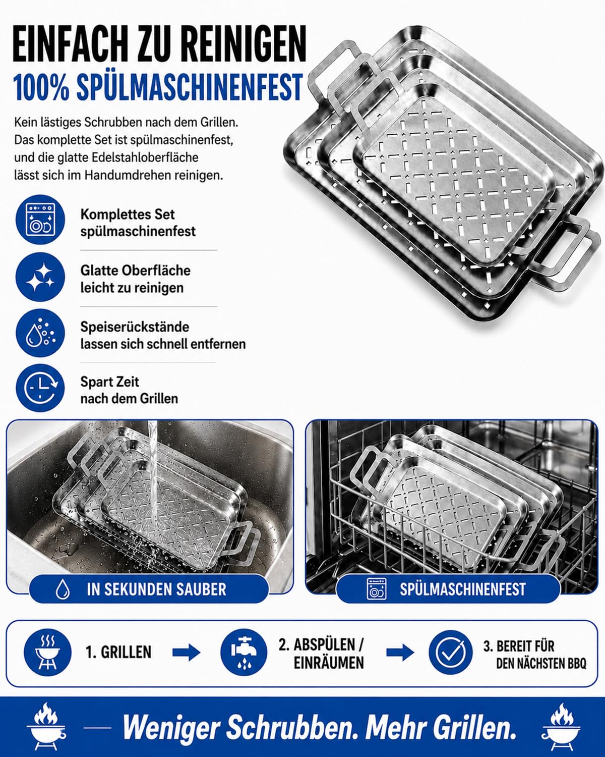 3-teiliges Set Grillpfannen aus 430 Edelstahl, gelochte Grillplatten mit Griffen für Gemüse, Fisch & Beilagen, spülmaschinengeeignet und stapelbar, passend für alle Grills