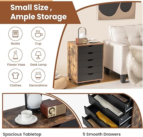 Miniatura 4 de Giantex Cómoda de 5 cajones para almacenamiento de dormitorio, cajón de almacenamiento con ruedas con cerradura, cómoda de maquillaje, organizador